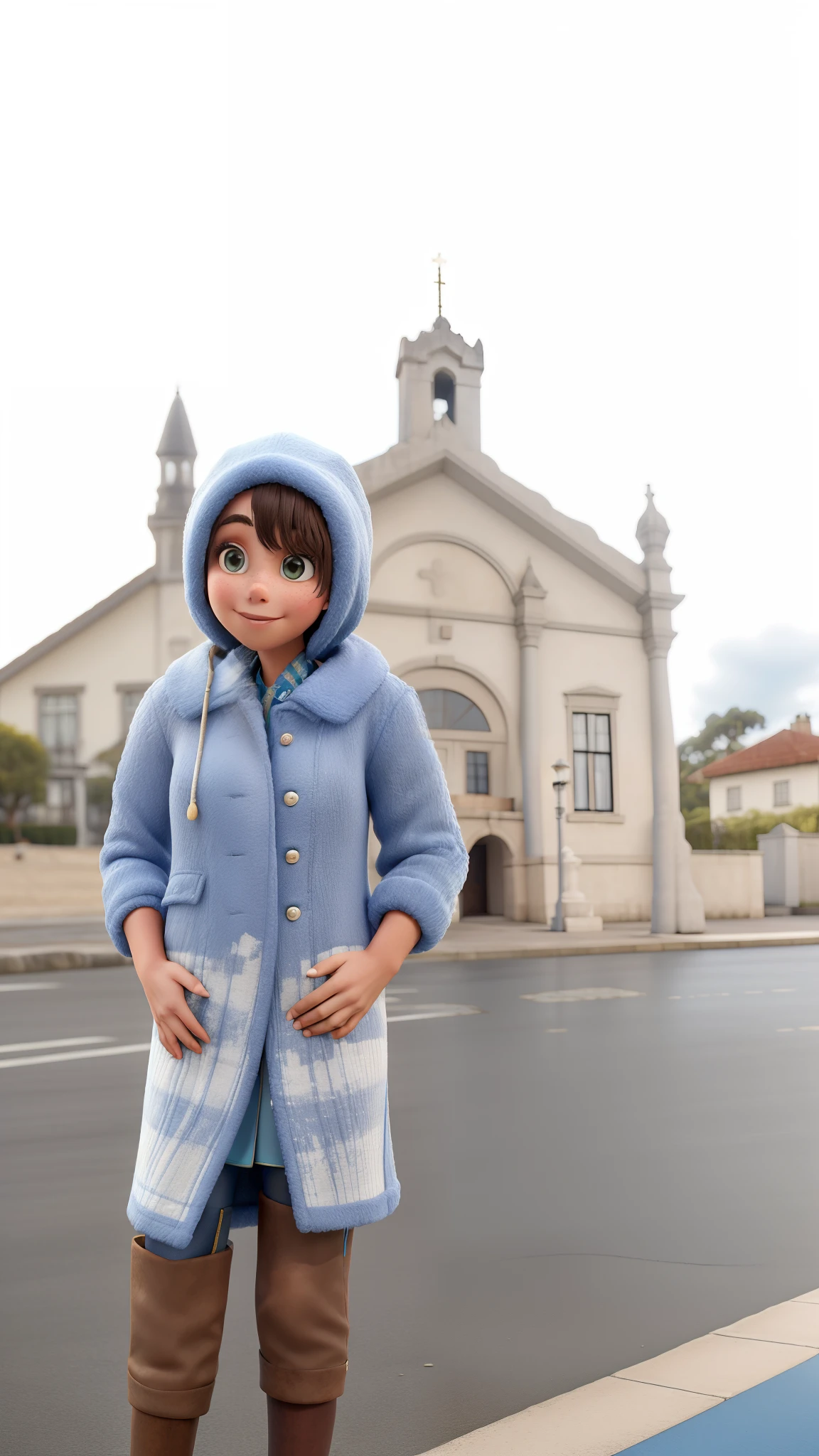 Obra-prima, de melhor qualidade, A girl wearing a blue coat standing in front of a