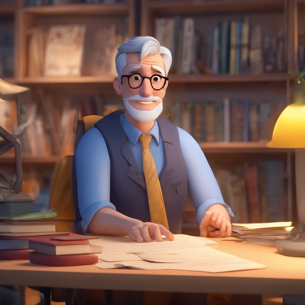 Crie um cartaz inspirado na Disney Pixar com o personagem sendo , A gray-haired young man wearing glasses, rosto quadrado com barba, In an office with a book on the desk