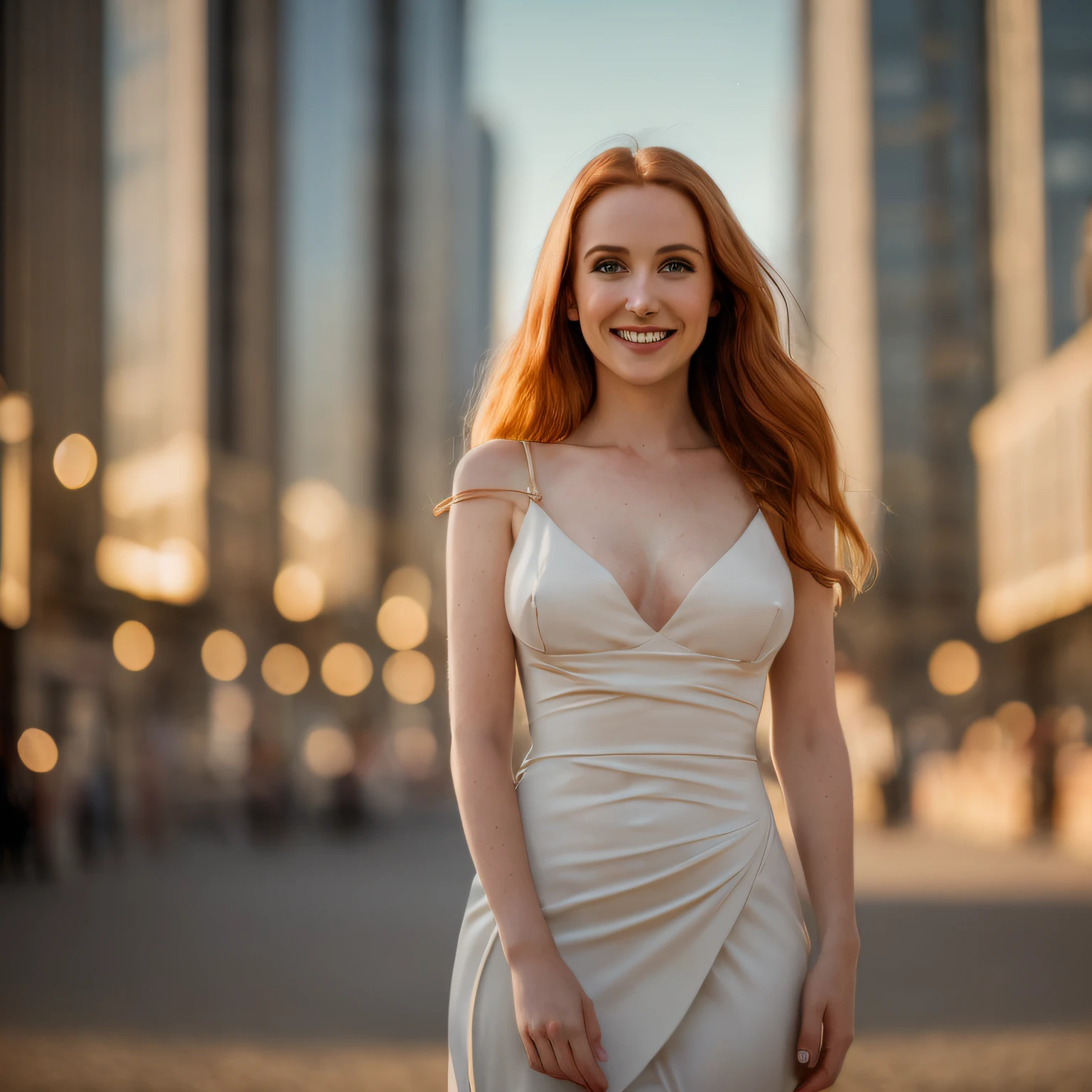 masterpiece, best quality, highres, (photorealistic:1.4), (depth of field:1.8), beautiful 22yo woman, thigh gap,
1 girl, ginger hair, long hair, pale skin, german, smileing,feminine physique,(solo:1.1), nice sexy green dress, hard nipple, bare shoulder, cleavage, elbow gloves, (looking at viewer:1.2), (smile:1.2), (full body:1.), (in the city:1.5), large breast,
(8k, cinematic composition, photorealistic, sharp focus), elaborate background, cinematic, rule of thirds, sunset, orinage light