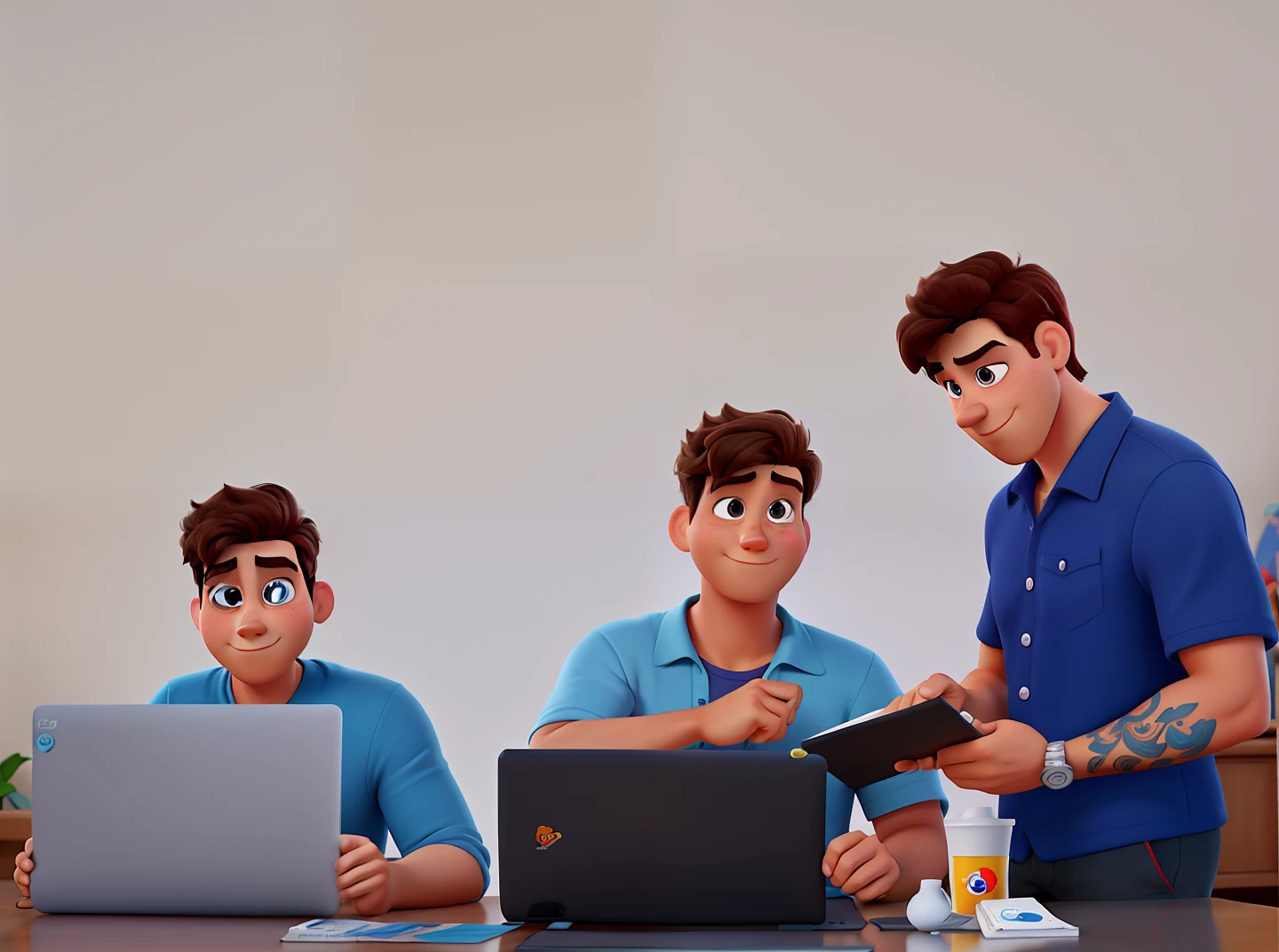 Create a poster inspired by Disney Pixar, Homens qualidade alta, sem tatuagens