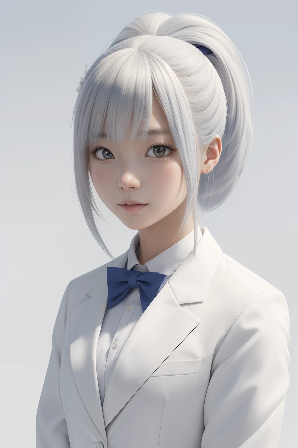There's a woman with long hair wearing a white jacket and a bow tie, menina coreana, menina anime jovem realista, Menina chinesa, Menina anime na vida real, Menina anime com cabelo longo, branco hime corte penteado, bonito rosto de anime natural, Estilo anime 3D realista, menina anime bonita, com bonito - fino - rosto, retrato bonito do anime, Mulher sul-coreana bonita