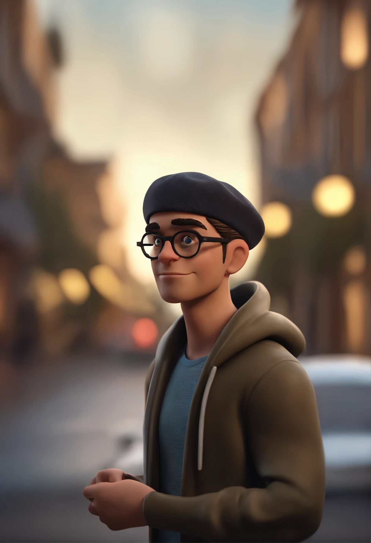Cartoon character of a young man with round glasses and a black sweatshirt,
with cap back, e barba preta, animation character, Caractere estilizado, animation style rendering, 3D estilizado, Arnold Maya render, 3 d render stylized, toon render keyshot, Personagem 3D, Personagem 3D, 3d rendering stylized, 3 d character render, personagem de desenho animado, Personagem de close up, Pose de personagem, (Estilo Pixar) (master part:1.2) (Bokeh) (best quality) (pele detalhada) (textura detalhada) (8k) (argila) (Cinematic lighting) (foco nítido