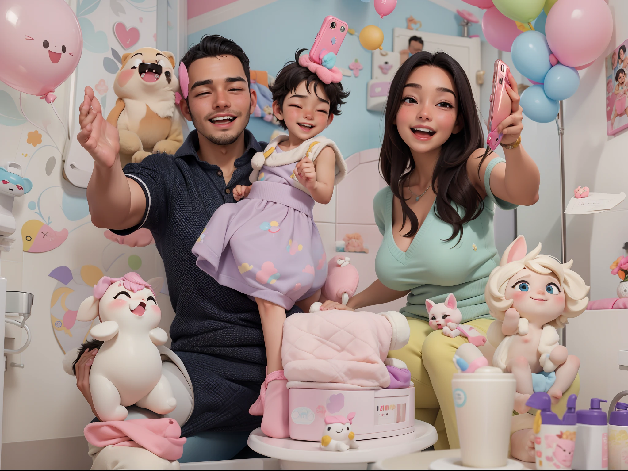 "A playful scene with an adorable boy sitting on his mother's lap in the bathroom, suas pernas fazendo contato, ambos segurando iPhones, expressing pure joy and excitement, wearing warm and colorful underwear."