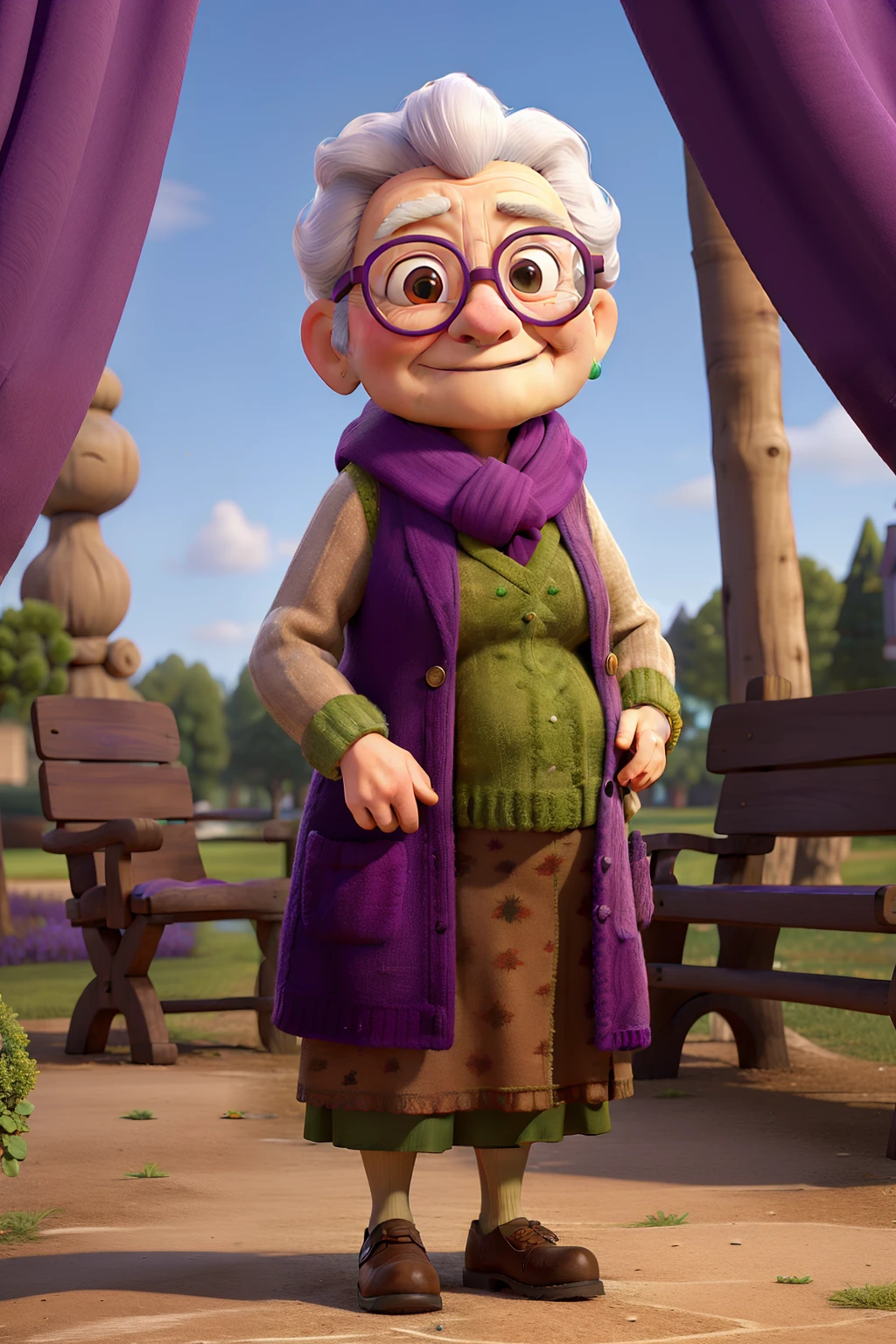 masterpiece, best quality, an old woman with glasses and a scarf on, wearing a purple coat and green scarf, standing at the park