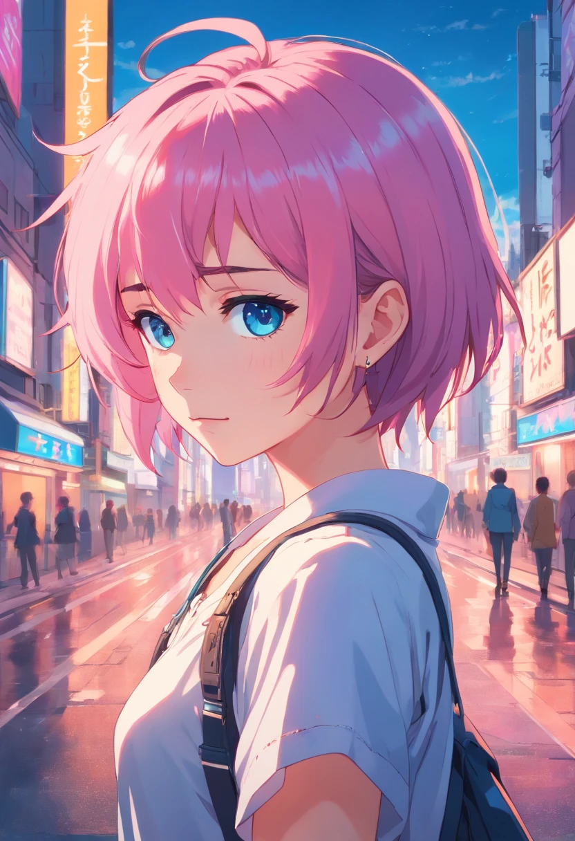 anime girl with pink hair and blue eyes with a piercing, in the art style of 8 0 s anime, delicate androgynous prince, [ synthwave art style ]!! ]!!, 8 0 s anime vibe, anime vibes, unknown artstyle, art deco outrun anime aesthestic, inspired by Sebastian Vrancx, [ synthwave art style ]!!