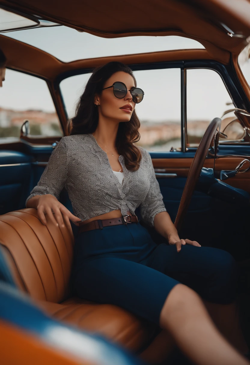 best quality, complete landscape, detailed textures, vibrant and natural colors, high photographic quality, A woman, 27 years old, white, medium black hair, wearing prescription glasses. Driving his Classic Ford Broncos, navy blue with caramel leather seats, in a city in the interior of Italy. Transformar em imagem estilo Pixar