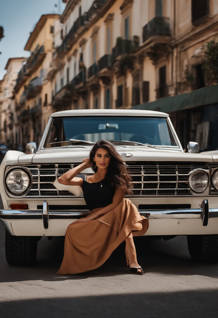 best quality, complete landscape, detailed textures, vibrant and natural colors, high photographic quality, A woman, 27 years old, white, medium black hair, wearing prescription glasses. Driving his Classic Ford Broncos, navy blue with caramel leather seats, in a city in the interior of Italy. Transformar em imagem estilo Pixar