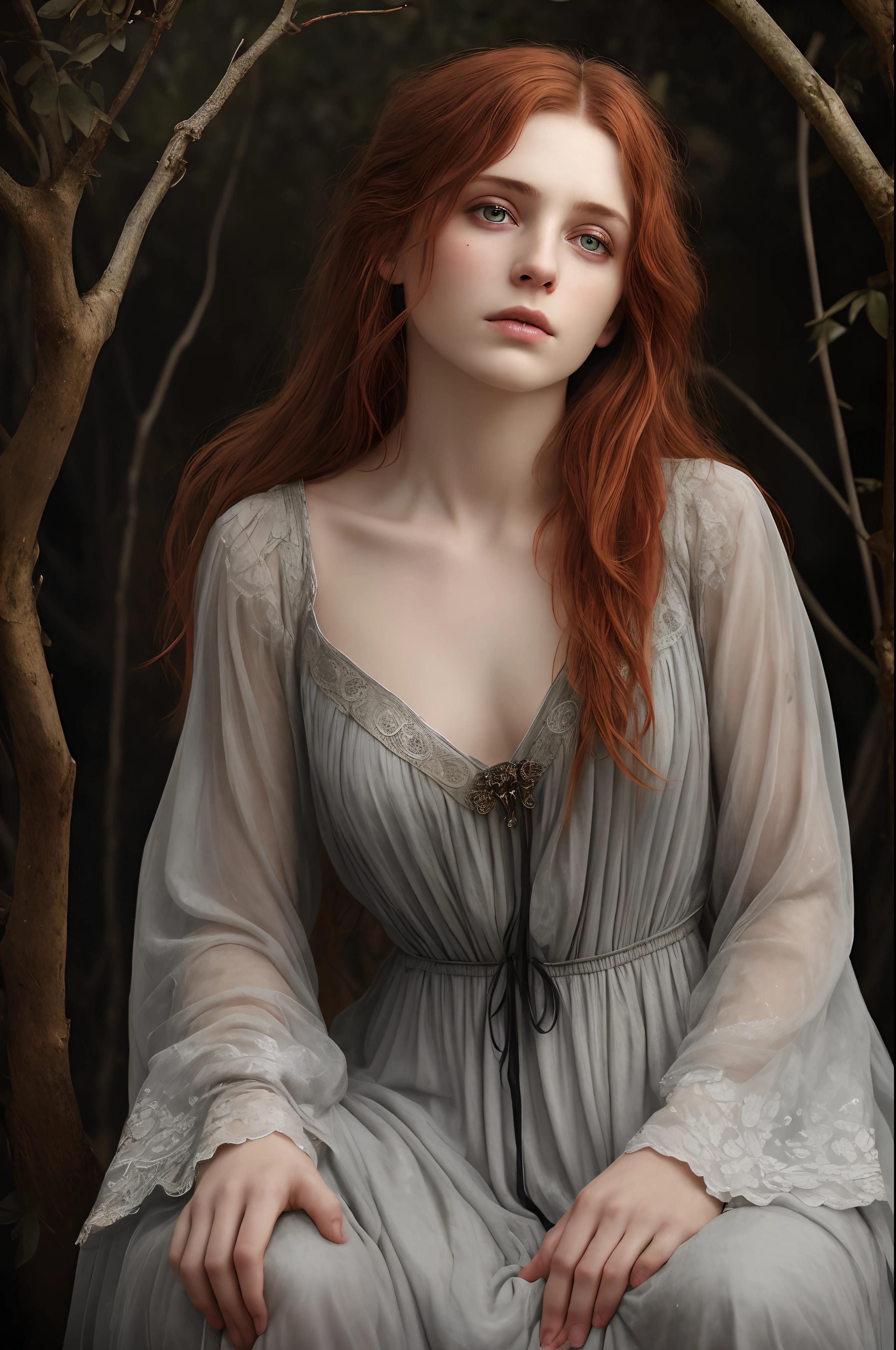 Full portrait, Realistic, Photorealistic, RAW photo, Highly detailed, cinematic rendering, Wild Dead Forest, evening, Cute 24-year-old woman, Leaning back in a tree and looking up at the grey cloudy sky, Redhead, Sexy, Dressed in a white tattered nightgown, Black leaves float in the air, the glittering particles flutter, Dinamic composition, Dark colours background, An atmosphere of melancholy and lonely, surreal photo by Alphonse Mucha, detailed perfect face, Melancholic eyes, Faded colors, cinematic composition