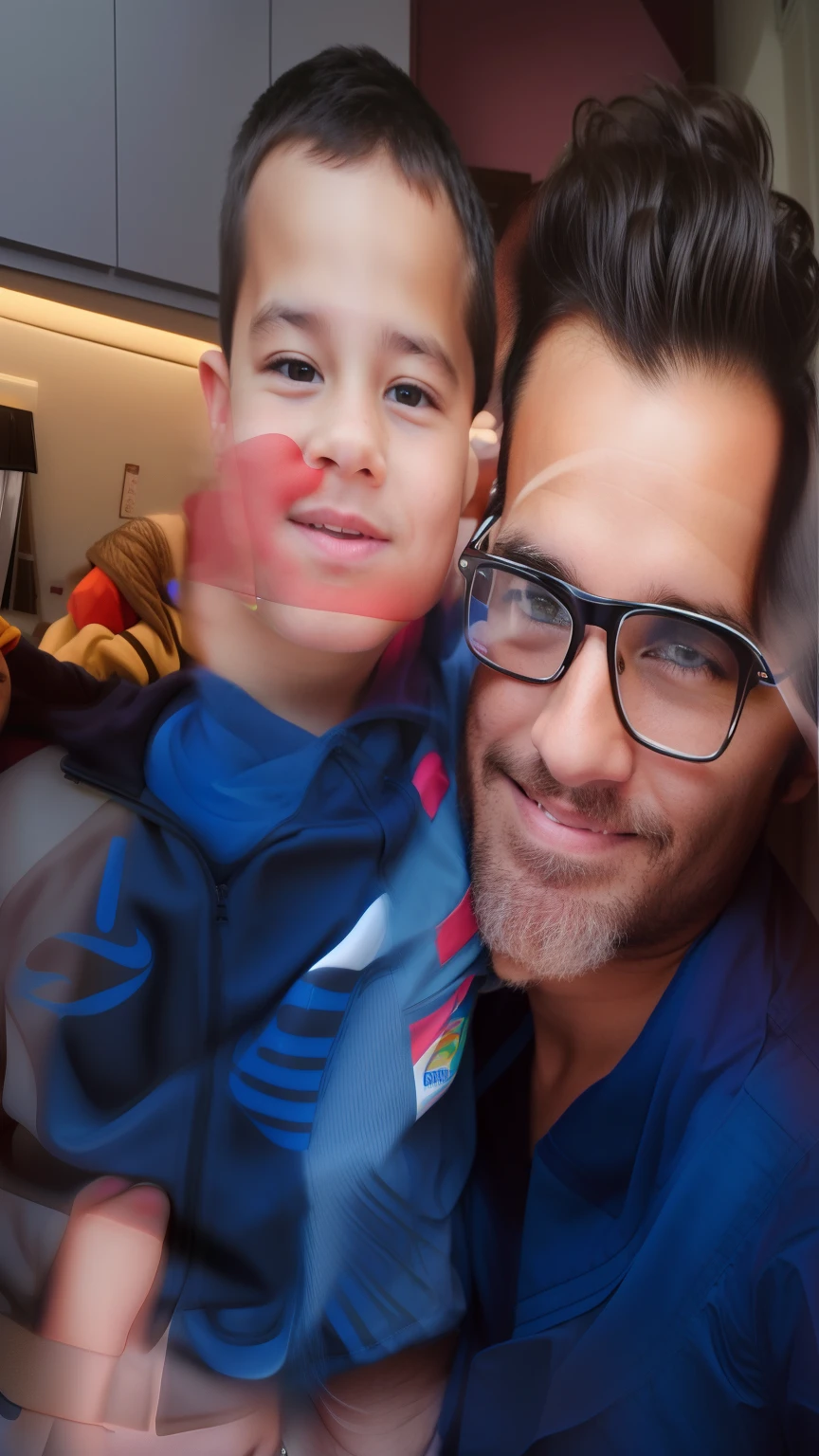 There is a man and a boy who are posing for a photograph, with a kid, Fotografia selfie 8k, imagem de qualidade muito baixa, fotografia de perfil, tirado no iphone 14 pro, cerca de 3 5 anos, Foto 8K, Foto 8k, MC Escher e Ronny Khalil, fotografia, 3 2 anos, tirado no iphone 1 3 pro