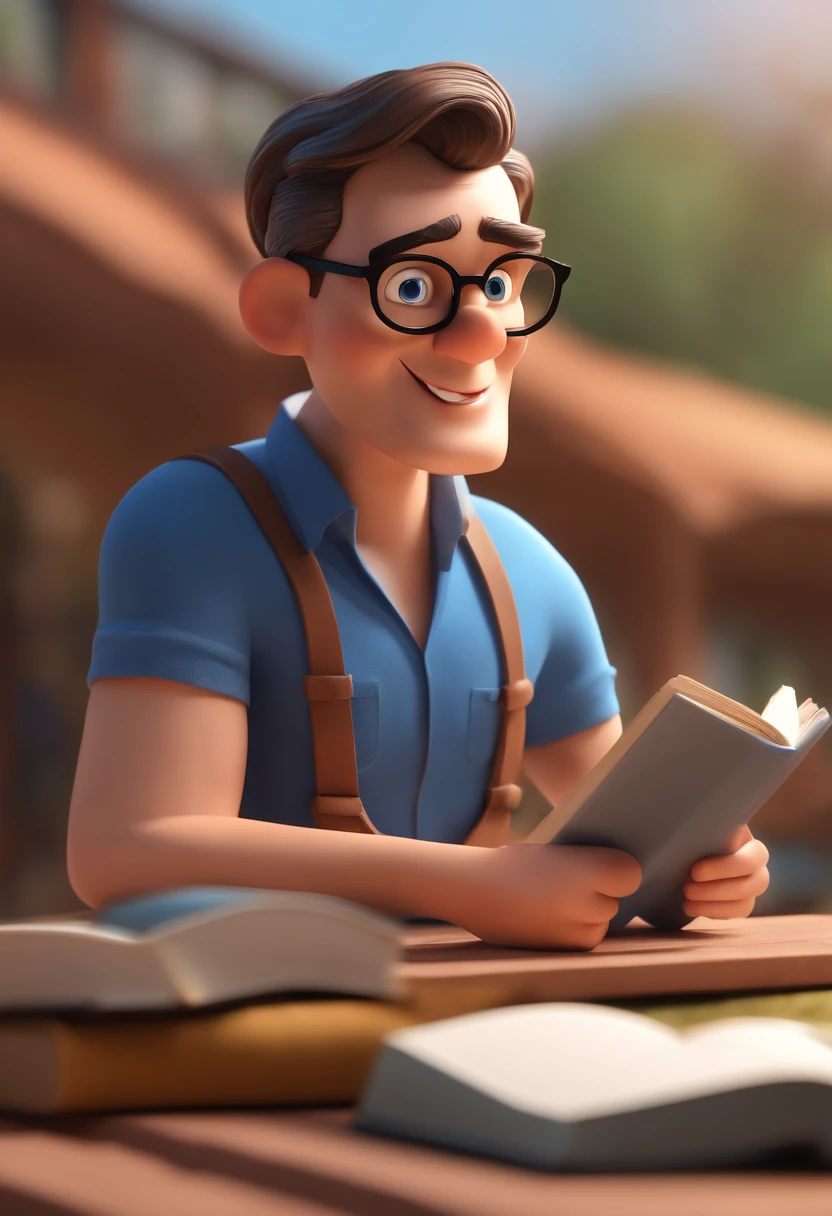 Cartoon character of a man wearing black glasses and a blue shirt, An animated character lecturing with book in hands, Caractere estilizado, animation style rendering, 3D estilizado, Arnold Maya render, 3 d render stylized, toon render keyshot, Personagem 3D, Personagem 3D, 3d rendering stylized, 3 d character render, personagem de desenho animado, Personagem de close up, Pose de personagem, (Estilo Pixar) (master part:1.2) (Bokeh) (best quality) (pele detalhada) (textura detalhada) (8k) (argila) (Cinematic lighting) (foco nítido，Senta e vaza a parte superior do corpo