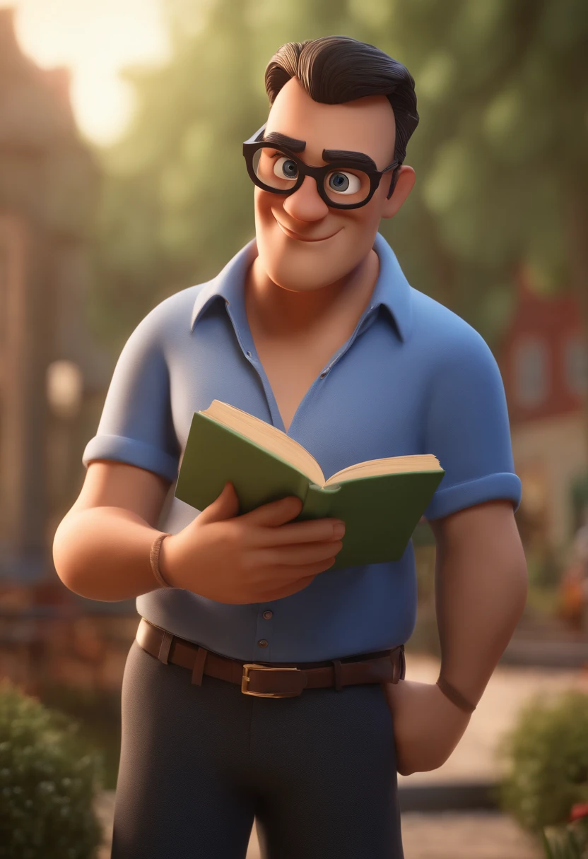 Cartoon character of a man wearing black glasses and a blue shirt, An animated character lecturing with book in hands, Caractere estilizado, animation style rendering, 3D estilizado, Arnold Maya render, 3 d render stylized, toon render keyshot, Personagem 3D, Personagem 3D, 3d rendering stylized, 3 d character render, personagem de desenho animado, Personagem de close up, Pose de personagem, (Estilo Pixar) (master part:1.2) (Bokeh) (best quality) (pele detalhada) (textura detalhada) (8k) (argila) (Cinematic lighting) (foco nítido，Senta e vaza a parte superior do corpo