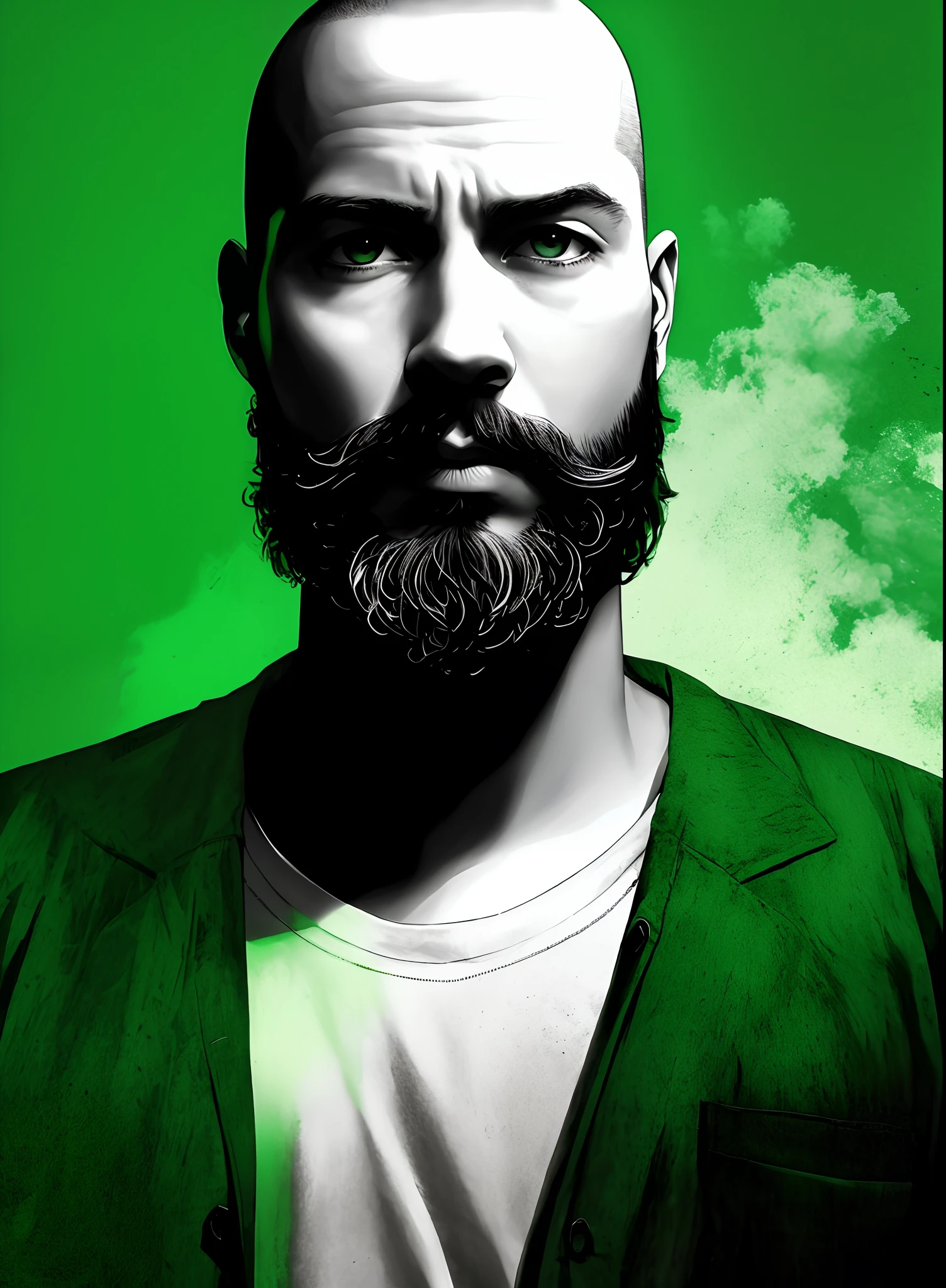 The unusual aspect of this image is that it is a black and white photograph of a man with a shaved head and a beard. The man is looking directly into the camera, and the image is taken in a green-tinted room. The black and white nature of the photo, along with the green tint, gives the image a unique and artistic appearance, making it stand out from typical photographs. Create image in Pixar style