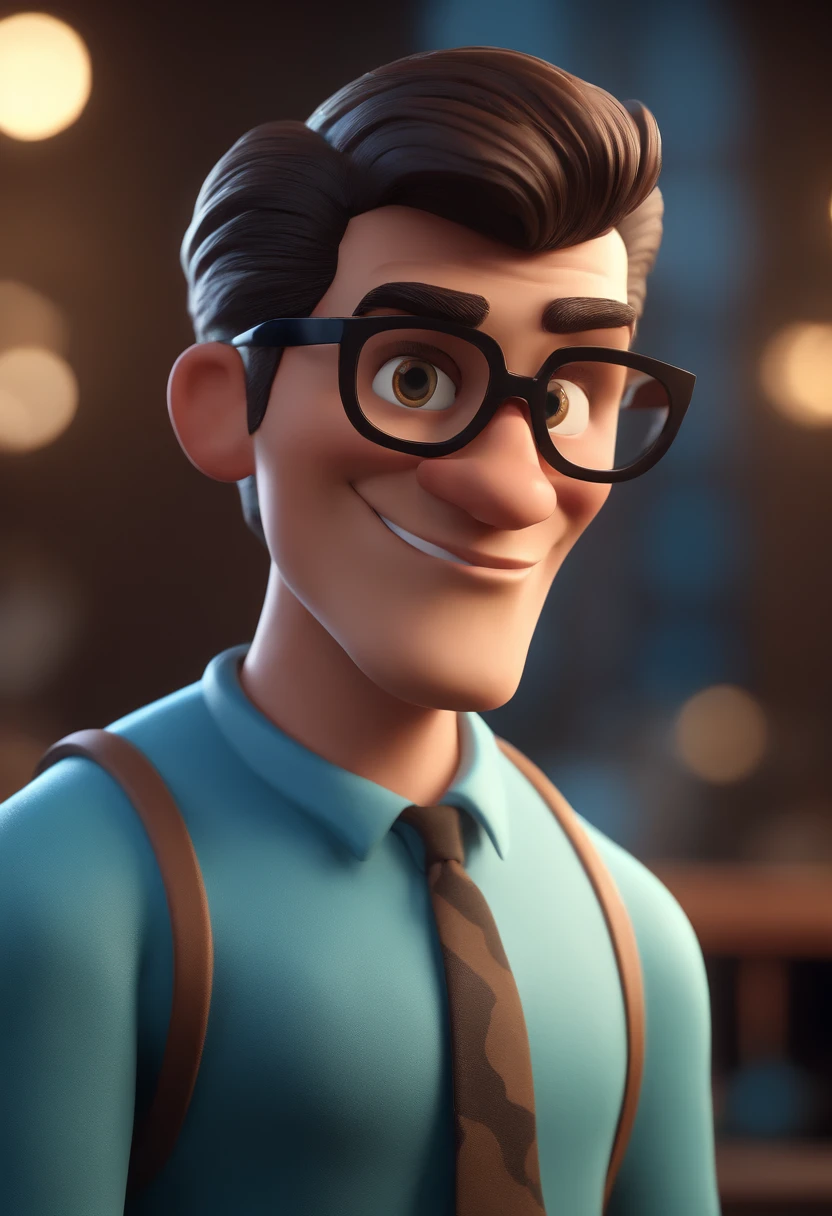 Cartoon character of a man with black glasses and a blue shirt, animation character, Caractere estilizado, animation style rendering, 3D estilizado, Arnold Maya render, 3 d render stylized, toon render keyshot, Personagem 3D, Personagem 3D, 3d rendering stylized, 3 d character render, personagem de desenho animado, Personagem de close up, Pose de personagem,  (Estilo Pixar) (master part:1.2) (Bokeh) (best quality) (pele detalhada) (textura detalhada) (8k) (argila) (Cinematic lighting) (foco nítido