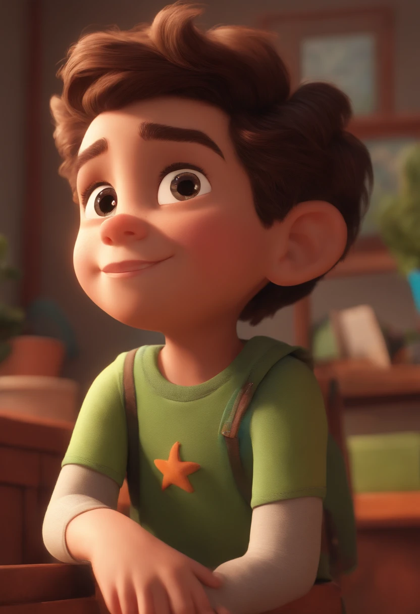 Image of a boy for a story in a YouTube video in Pixar format, He's the allabester, He's the class leader, He's outgoing, Playful and gets up for a lot of things, cabelo curto