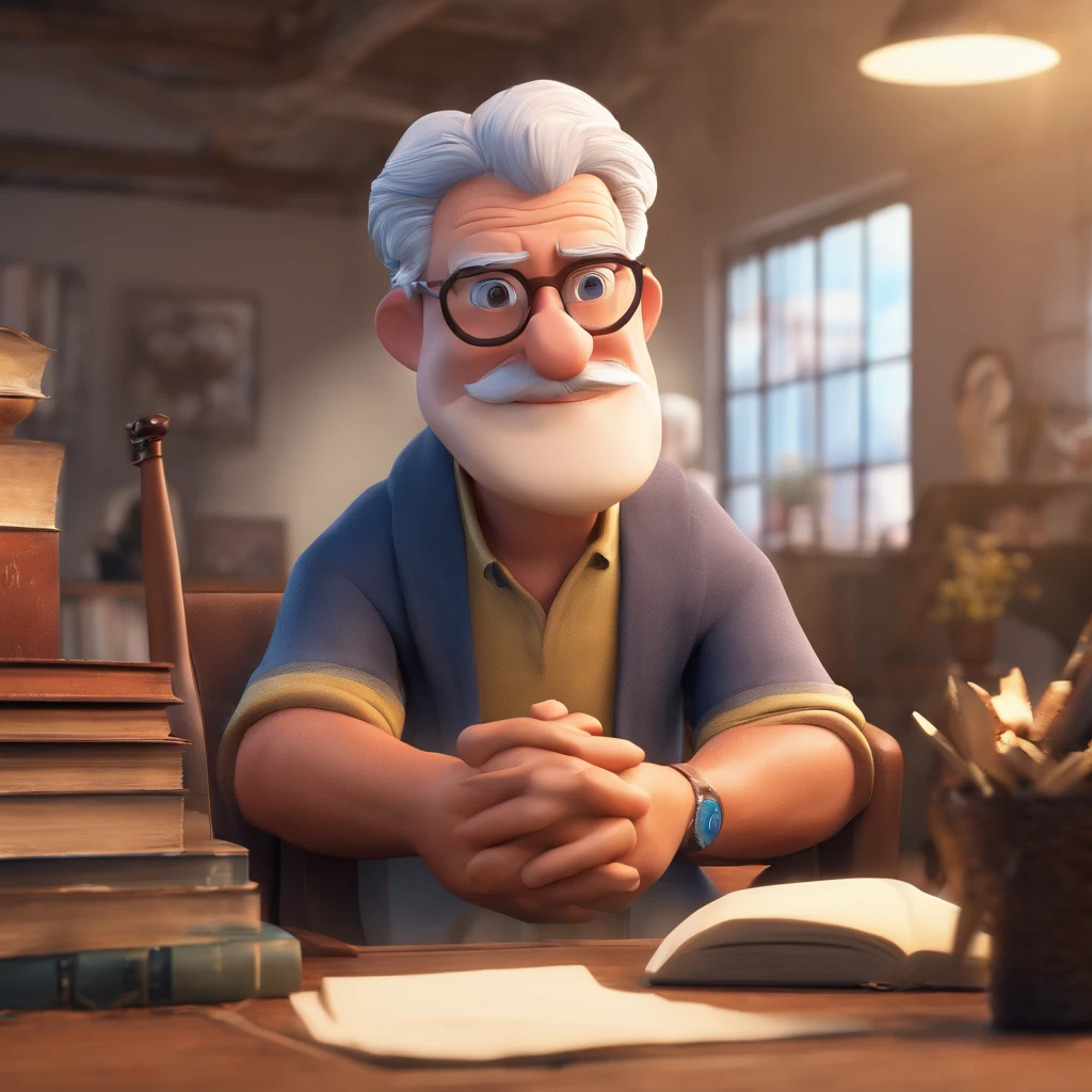 Crie um cartaz inspirado na Disney Pixar com o personagem sendo o pastor Rubens Janier, A gray-haired man wearing glasses, in an office with a Bible on the table, Looking forward and serious