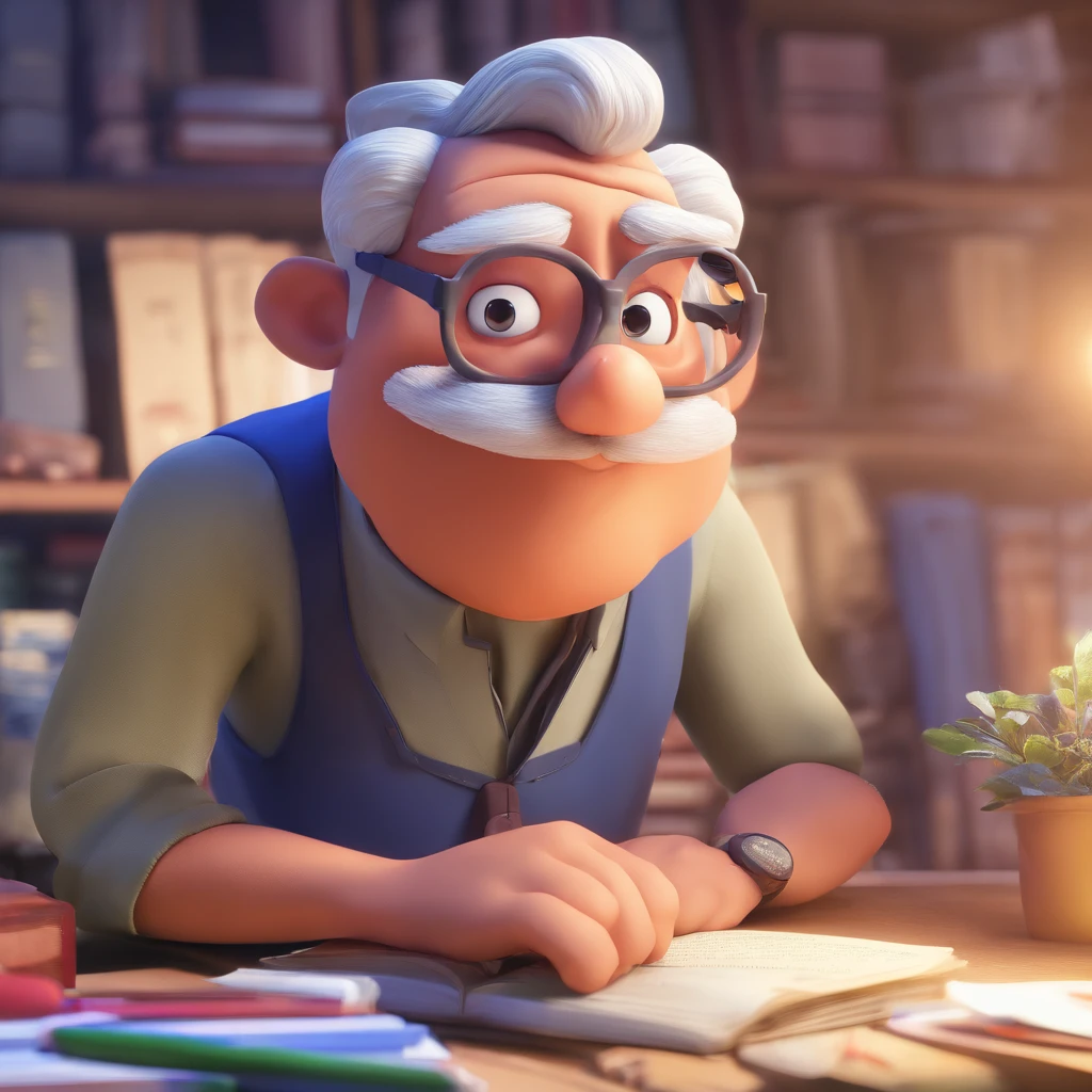 Crie um cartaz inspirado na Disney Pixar com o personagem sendo o pastor Rubens Janier, A gray-haired man wearing glasses, in an office with a Bible on the table, Looking forward and serious