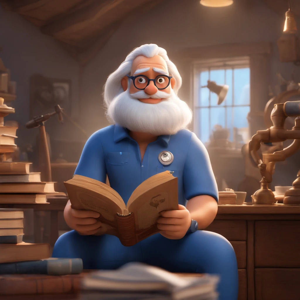 fundo branco, cientista, pixar desenhos animados 3D, homem velho, cavanhaque branco, White Hair Genius Style, Wearing a blue mechanic's jumpsuit, lendo um livro, ::estilo pixar cartoon