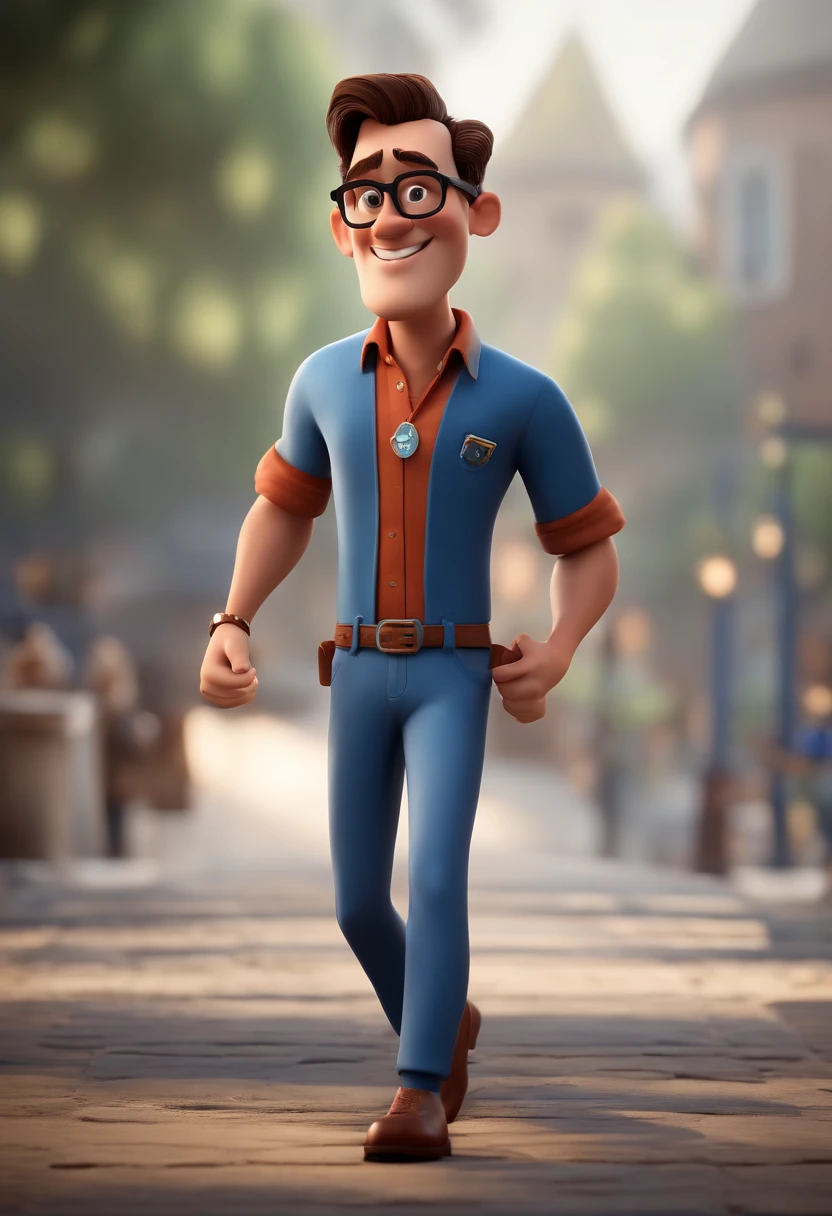 Cartoon character of a man with black glasses and a blue shirt, animation character, Caractere estilizado, animation style rendering, 3D estilizado, Arnold Maya render, 3 d render stylized, toon render keyshot, Personagem 3D, Personagem 3D, 3d rendering stylized, 3 d character render, personagem de desenho animado, Personagem de close up, Pose de personagem, (Estilo Pixar) (master part:1.2) (Bokeh) (best quality) (pele detalhada) (textura detalhada) (8k) (argila) (Cinematic lighting) (foco nítido
