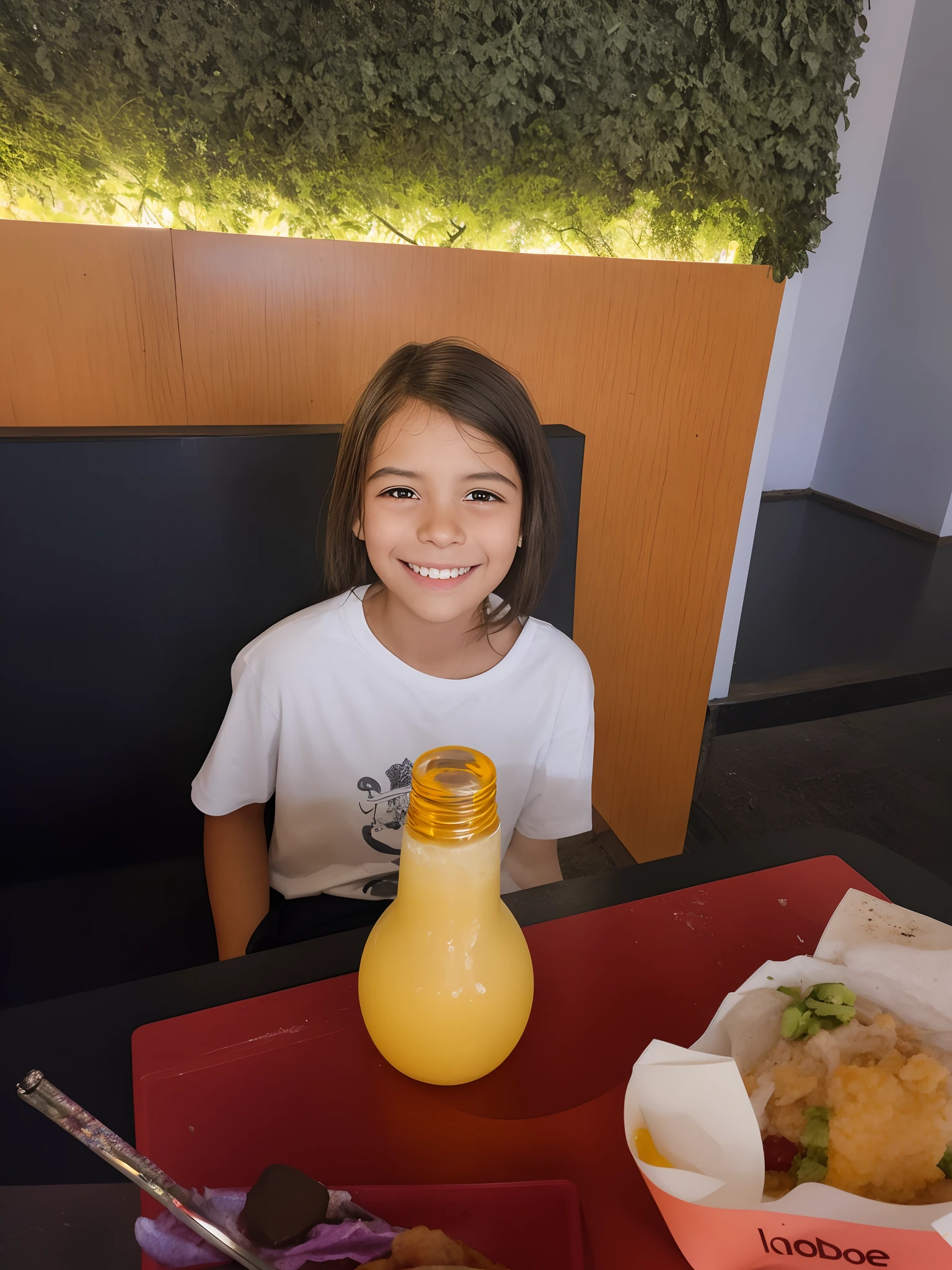 There's a young woman sitting at a table with a bottle of juice, pegando seus tacos e bebida), muito bobo olhando, em um sino de taco, 4 anos de idade, Tomado com Sony Alpha 9, muito ligeiramente sorridente, she is smiling and excited, garotinho, vacation photo, muito bobo, cabrito, mateus 9 5, happily smiling at the camera