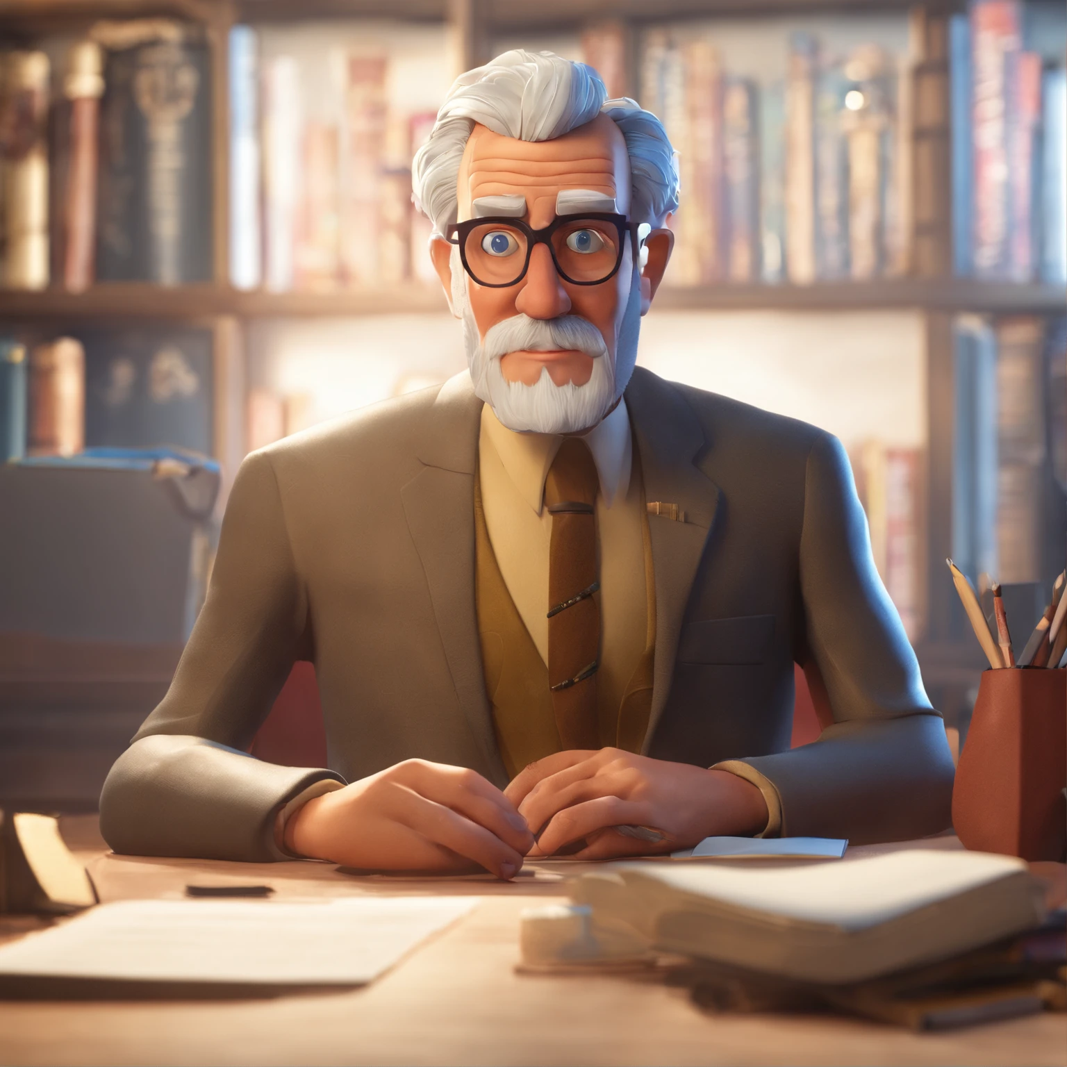 Crie um cartaz inspirado na Disney Pixar com o personagem sendo o pastor Rubens Janier, A gray-haired man wearing glasses, in an office with a Bible on the table