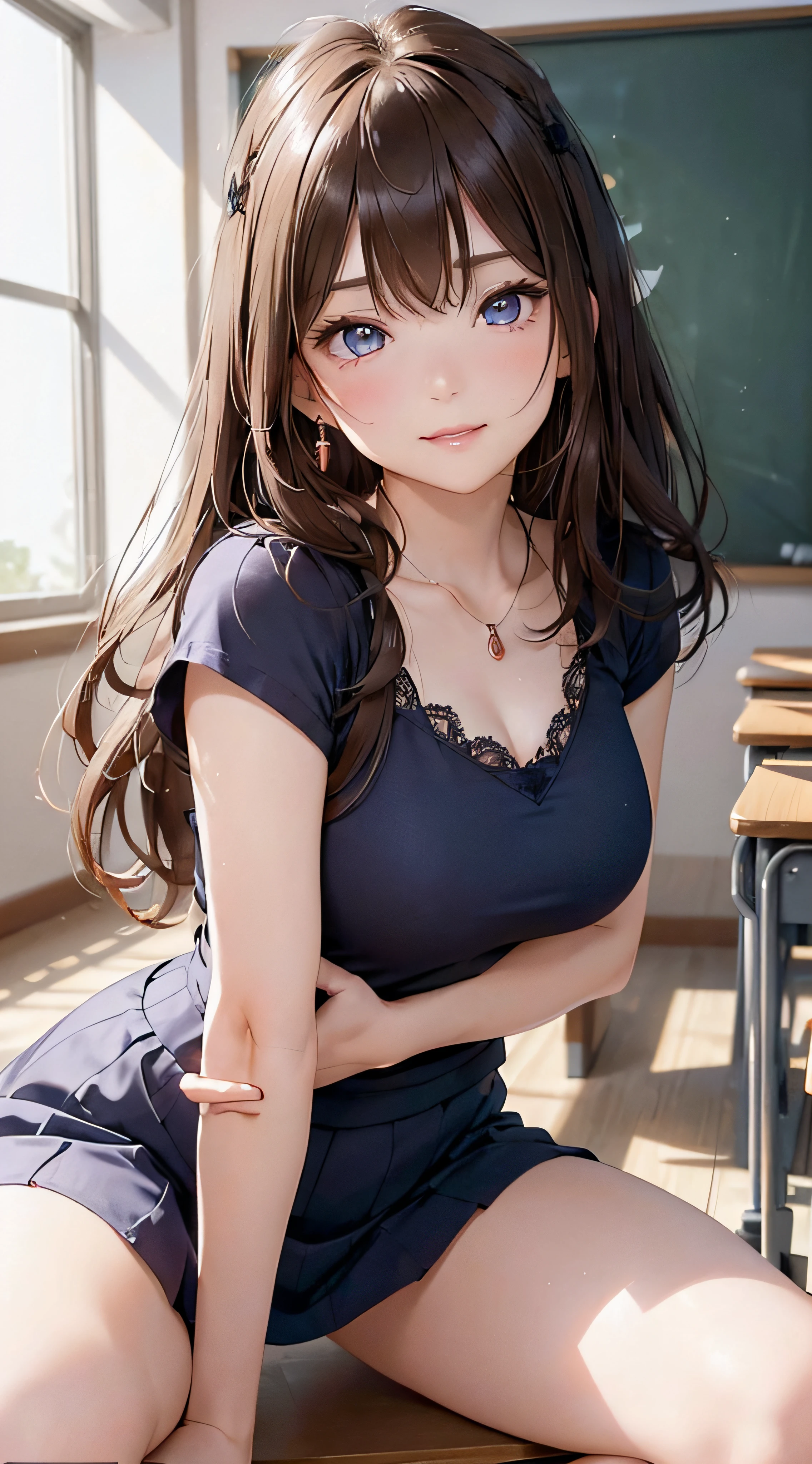 (masutepiece: 1.3), (max resolution: 1.2), (Ultra HDTV: 1.2), cinematric light, Ultra HDTV, (Detailed eyes and skin), (detailed facial features), nffsw, 8K resolution, Sharp Focus: 1.2, Perfect Style, Beautiful face, Perfect body, acurate, Anatomically correct, Highly detailed face and skin texture, Detailed eyes, Dark-blue eyes, Double eyelids, Thin eyebrows, Glitter Eyeliner: 1.2, Natural cheeks, Glossy skin, Fair skin: 1.2, shiny little necklace and earrings, (Glossy lips: 1.4), BREAK, One-person viewpoint, (She is a very cute female teacher), (Pink lace bra, blanche Pink lace panties), (Seductive smile: 1.2), ((a Innocent and cute girl:1.3)), (Long Wave Hair), (ligh brown hair:1.2), (Cowboy Shot: 1.2), BREAK, ((Very intimate relationships: 1.2)), medium large breasts, ((Looking at Viewer:1.2)), ((In the classroom of the school:1.2)), ((Bend your knees and open your legs wide:1.2)), (From Side:1.2),low angle shot,FULL BODYSHOT Tennis Wear pleatedskirt