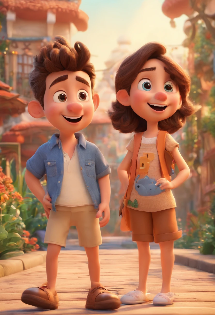 Cartoon of friends having fun on vacation together, 3D Animation Movie Poster, Poster de filme animado, pixar 3 d animation style, pixar renderman rendering, maia 8 mil, animated film, Disney Pixar Estilo 3D, amigos felizes saem juntos, all wearing light blue shirts and cream brown long pants, camisa azul clara, cream brown pants, ao ar livre, vacation, Disney Pixar Animation Poster