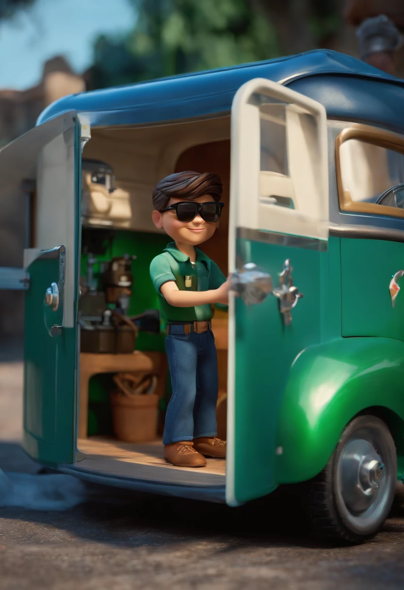 Aesthetics Automotive Disney Pixar. corner shed in gray color with wide doors. written sign. Autowax in blue and green colors. Dark-haired boy and sunglasses holding a polishing machine.