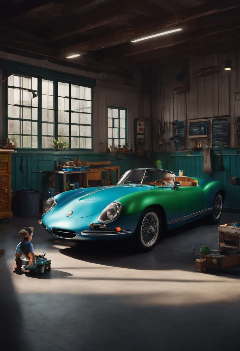 Aesthetics Automotive Disney Pixar. corner shed in gray color with wide doors. written sign. Autowax in blue and green colors. Dark-haired boy and sunglasses holding a polishing machine.