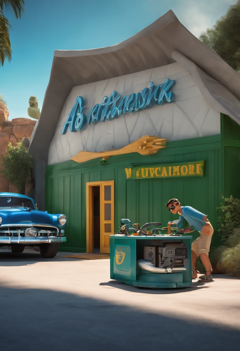 Aesthetics Automotive Disney Pixar. corner shed in gray color with wide doors. written sign. Autowax in blue and green colors. Dark-haired boy and sunglasses holding a polishing machine.