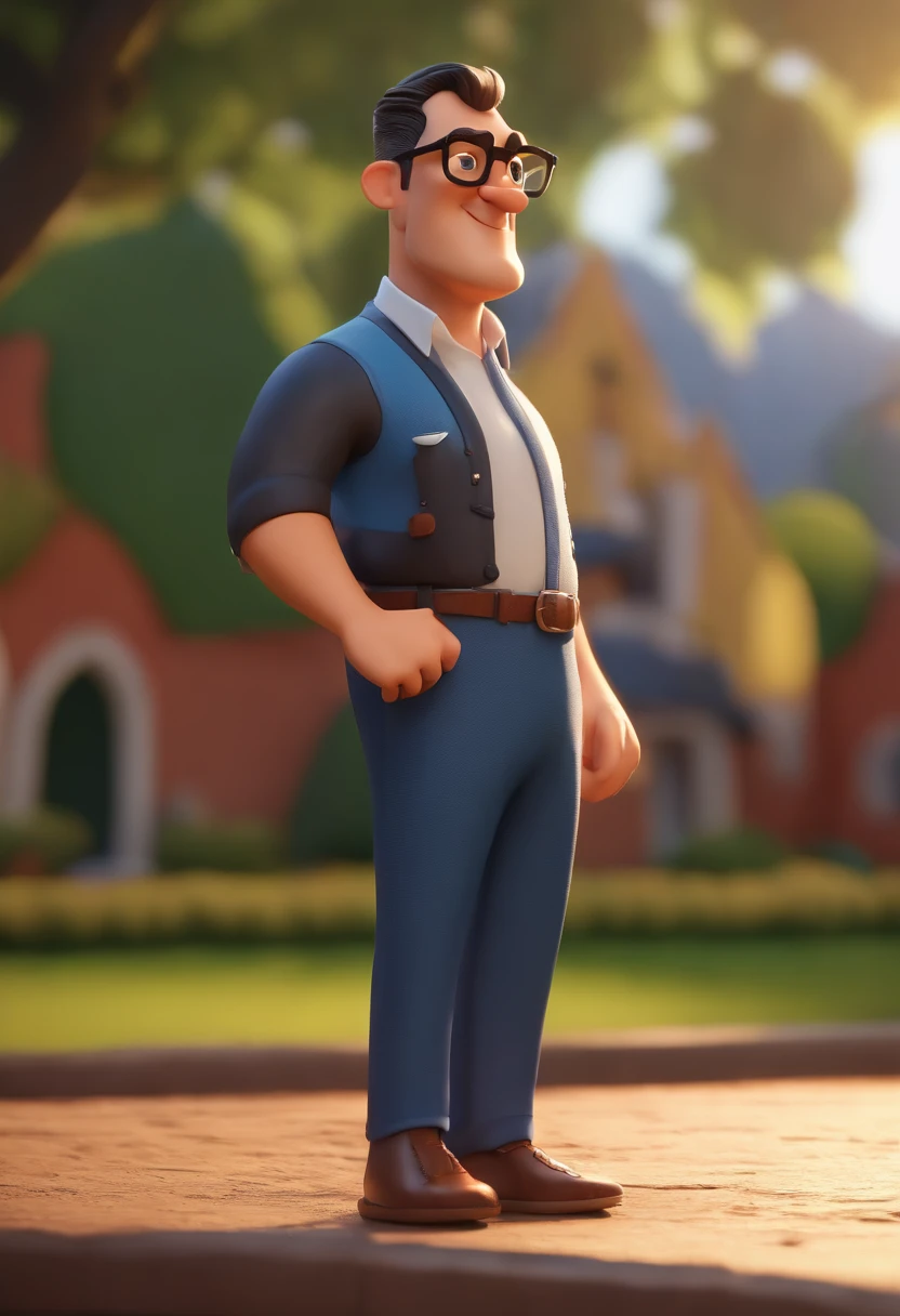 Cartoon character of a man wearing black glasses and a blue shirt, um personagem animado, Caractere estilizado, animation style rendering, 3D estilizado, Arnold Maya render, 3 d render stylized, toon render keyshot, Personagem 3D, Personagem 3D, 3d rendering stylized, 3 d character render, personagem de desenho animado, Personagem de close up, Pose de personagem, (Estilo Pixar) (master part:1.2) (Bokeh) (best quality) (pele detalhada) (textura detalhada) (8k) (argila) (Cinematic lighting) (foco nítido,Senta e vaza a parte superior do corpo