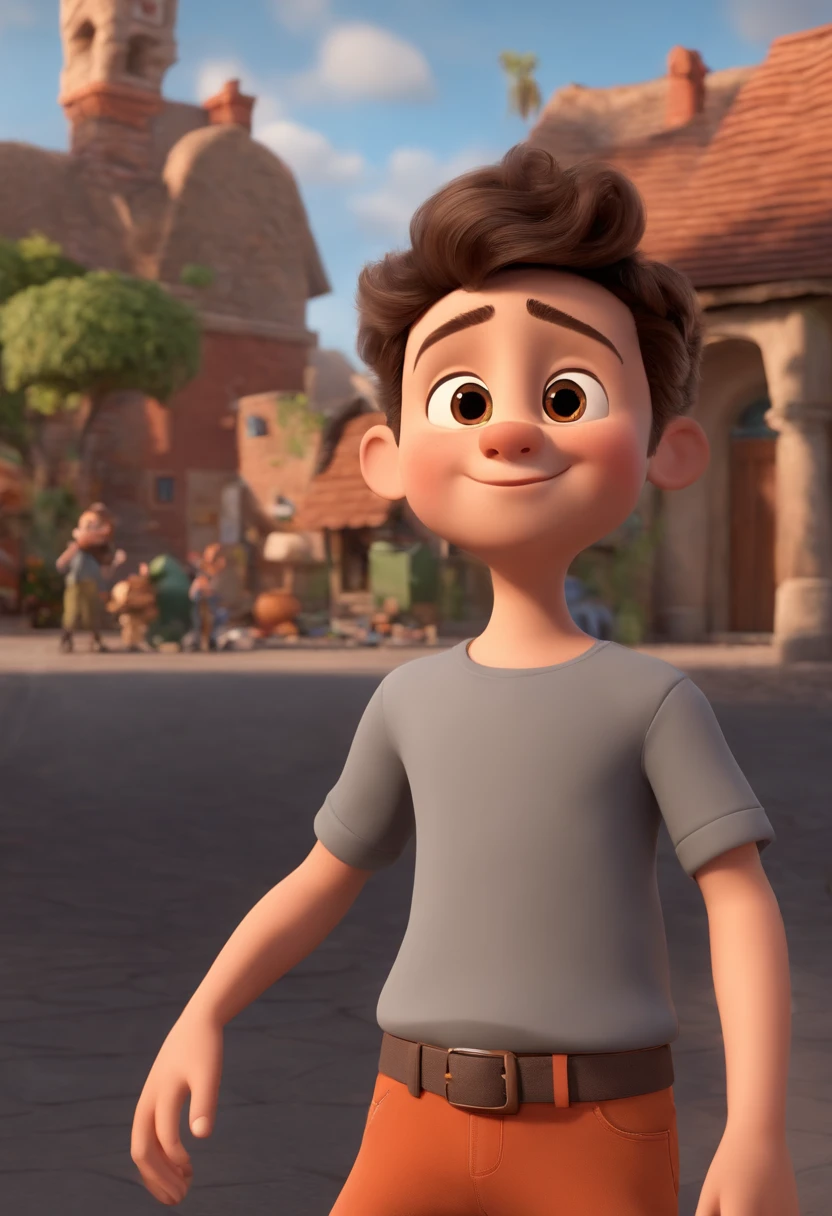 Image of a boy in gray shirt and gray pants ,for a story in a YouTube video in Pixar format, He's the allabester, He's the class leader, He's outgoing, Playful and gets up for a lot of things