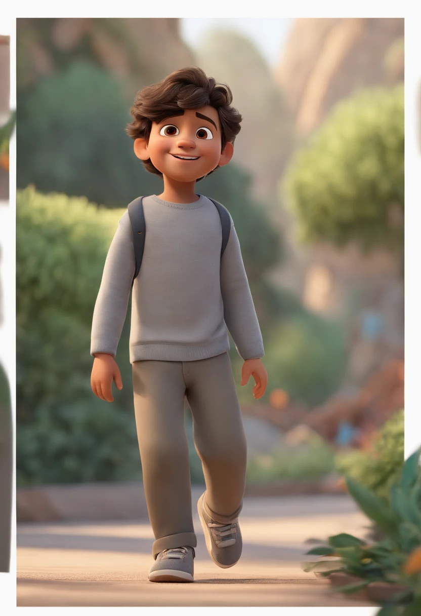 Image of a boy in gray shirt and gray pants ,for a story in a YouTube video in Pixar format, He's the little allabester, He's the class leader, He's outgoing, Playful and gets up for a lot of things