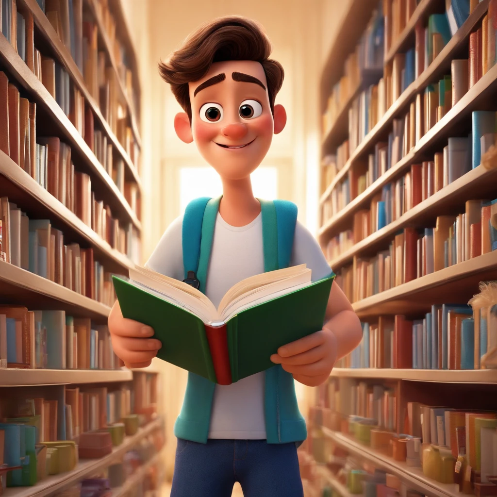 fundo branco, pixar desenhos animados 3D, homem lendo um livro, ::estilo pixar cartoon