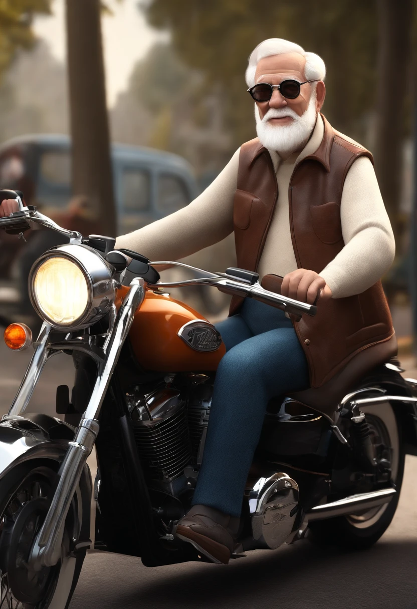 a 3D Disney Pixar style poster of an elderly man with glasses,  pilotando uma Harley Davison 883 em um passeio de motocicleta