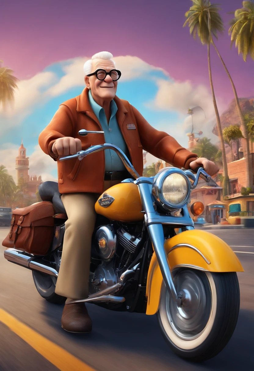 a 3D Disney Pixar style poster of an elderly man with glasses,  pilotando uma Harley Davison 883 em um passeio de motocicleta