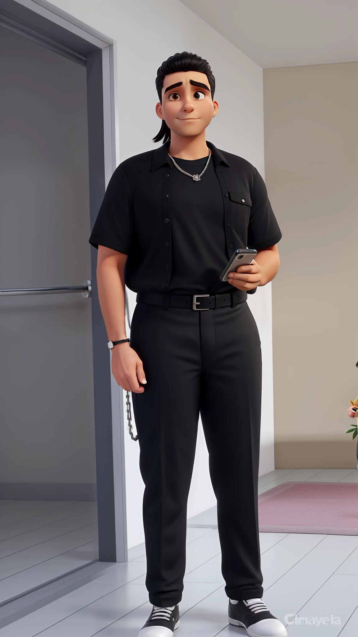 Um jovem, Pelé clara, rosto afilhado. cabelos longos, but imprisoned. Your body is normal, nem magro nem gordo. holding a cell phone in his left hand, arm is slightly bent, The left arm is straight and has a black strap. He's wearing black pants, com cinto preto, The buckle is silver. The blouse is short-sleeved and black, It's inside the pants. He's got a simple chain, fina de ouro.