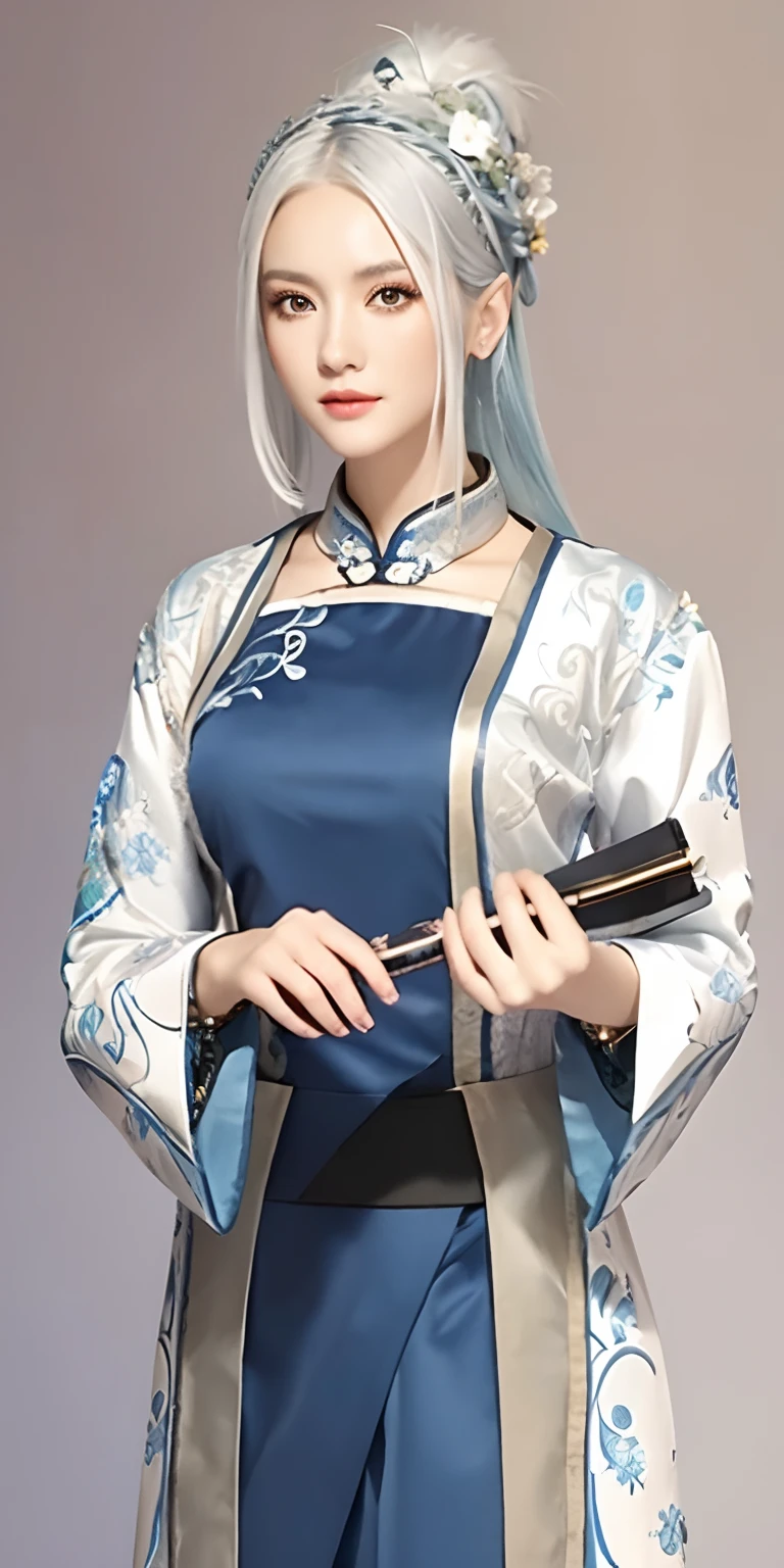 1girl, silver hair, silver eyes, white blue Chinese clothes, ultra detailed, masterpiece,realistic