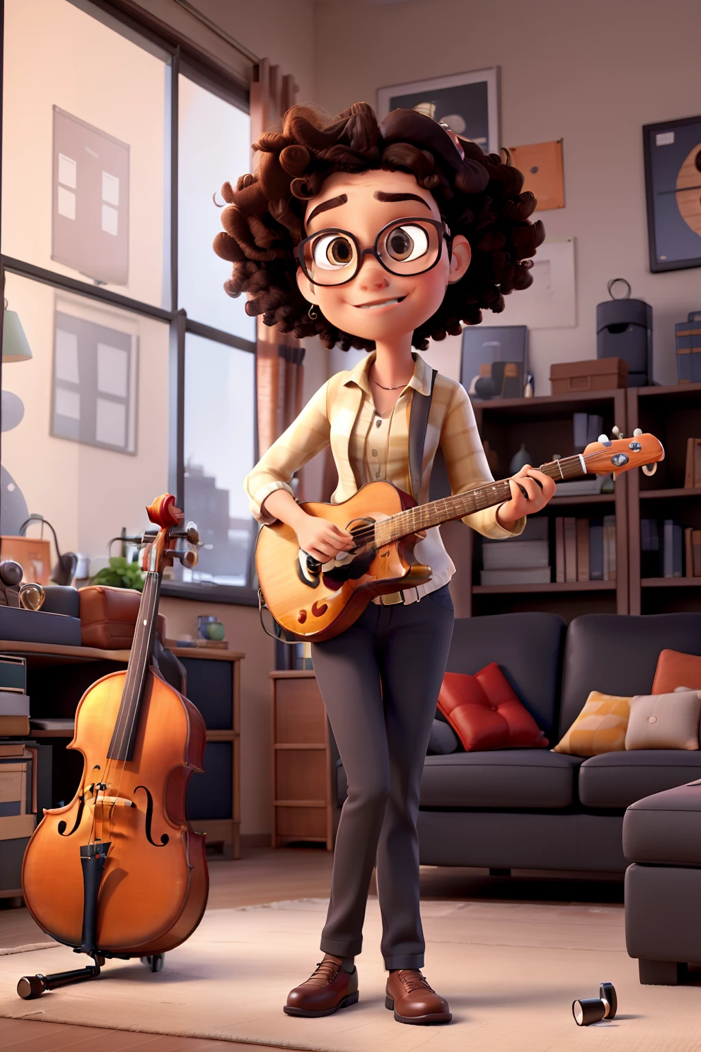 A pixar-style image of a living room with a black sofa and various musical instruments, with a brown-haired woman holding a computer and a man with curly hair wearing prescription glasses and playing saxophone