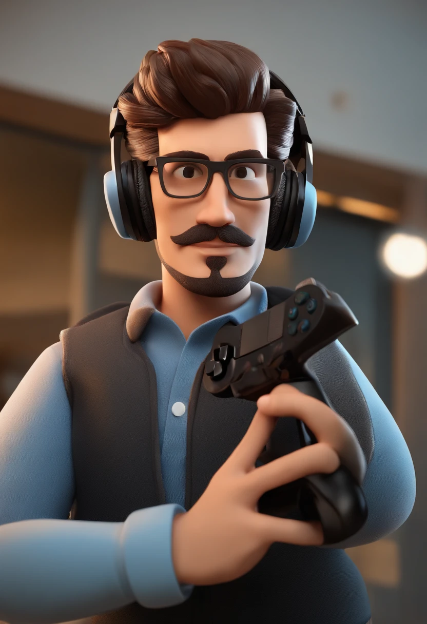 Personagem de desenho animado de um pai com barba curta, cabelo curto enrolado, sentado na frente de um computador e olhando para ele, A video game controller in your hand. E um filho junto a ele, with a headset on his head and holding a video game controller in his hand. O brilho do computador refletindo no rosto deles. um personagem animado, Caractere estilizado, animation style rendering, 3D estilizado, Arnold Maya render, 3 d render stylized, toon render keyshot, Personagem 3D, Personagem 3D, 3d rendering stylized, 3 d character render, personagem de desenho animado, Personagem de close up, Pose de personagem, (Estilo Pixar) (master part:1.2) (Bokeh) (best quality) (pele detalhada) (textura detalhada) (8k) (argila) (Cinematic lighting) (foco nítido，Senta e vaza a parte superior do corpo