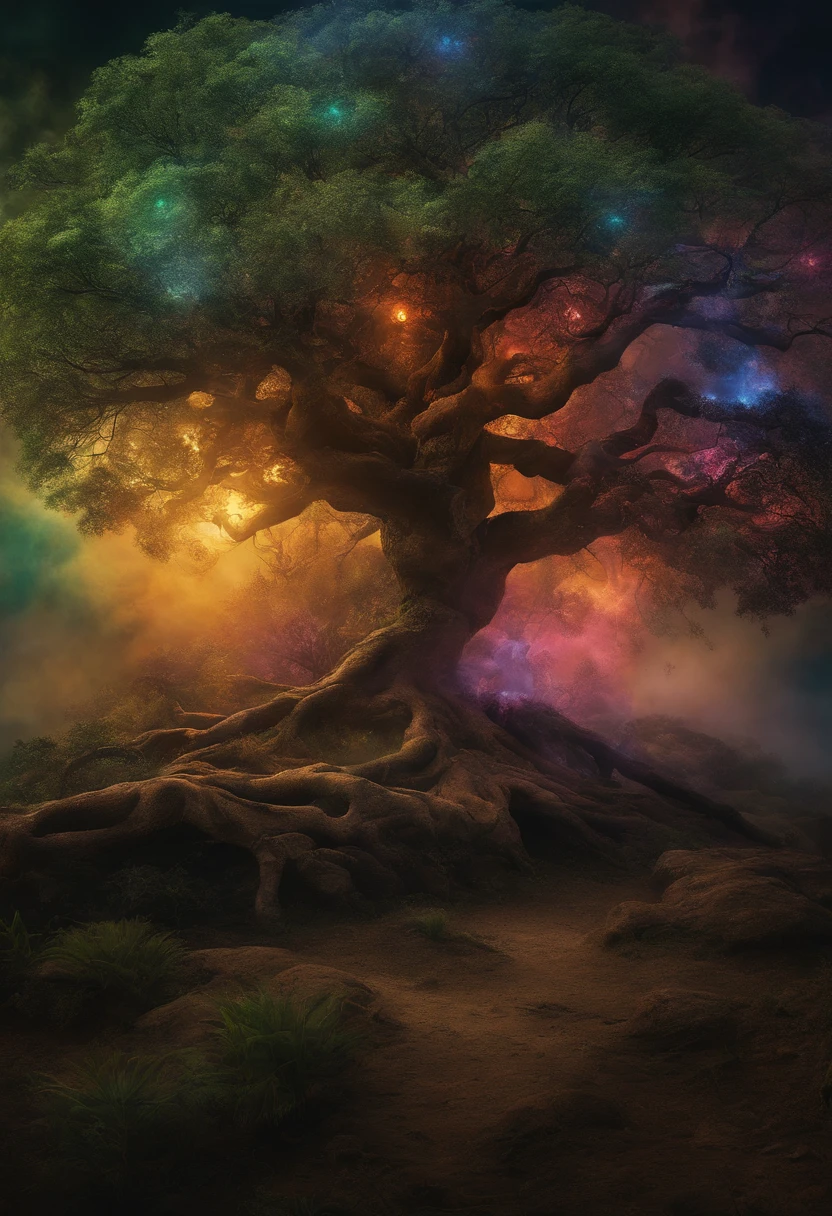 Dreamlikeart tree of living, colorful smoke, detalhes insanos, detalhes steampunk, detalhes intrincados, hiperdetalhado,