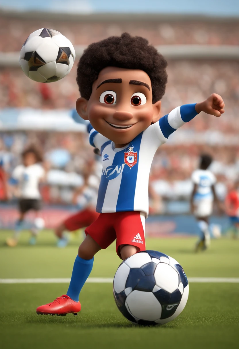 Imagem estilo Pixar com personagem 3D, Vicente, um de 7 anos, com pele branca, cabelos castanhos e encaracolados, um sorriso largo e olhos expressivos.
Vicente usando o uniforme vermelho e branco do Sport Clube Internacional de Porto Alegre, with the number 7 on the back and the captain's armband.
He holds a soccer ball and is in action, demonstrando sua velocidade, chute forte e habilidades goleadoras.
Fundo com as cores do uniforme (vermelho e branco).
O logotipo da Disney no canto superior esquerdo.
Add magical elements and touches of fantasy to give it the signature Disney touch.