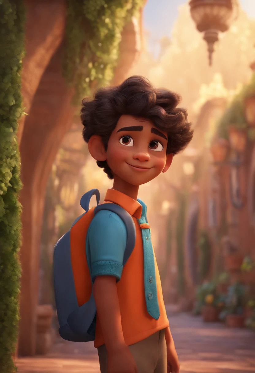 Image of a boy for a story in a YouTube video in Pixar format, He's the  allabester, He's the class leader, He's outgoing, Playful and gets up for a lot of things, cabelo curto