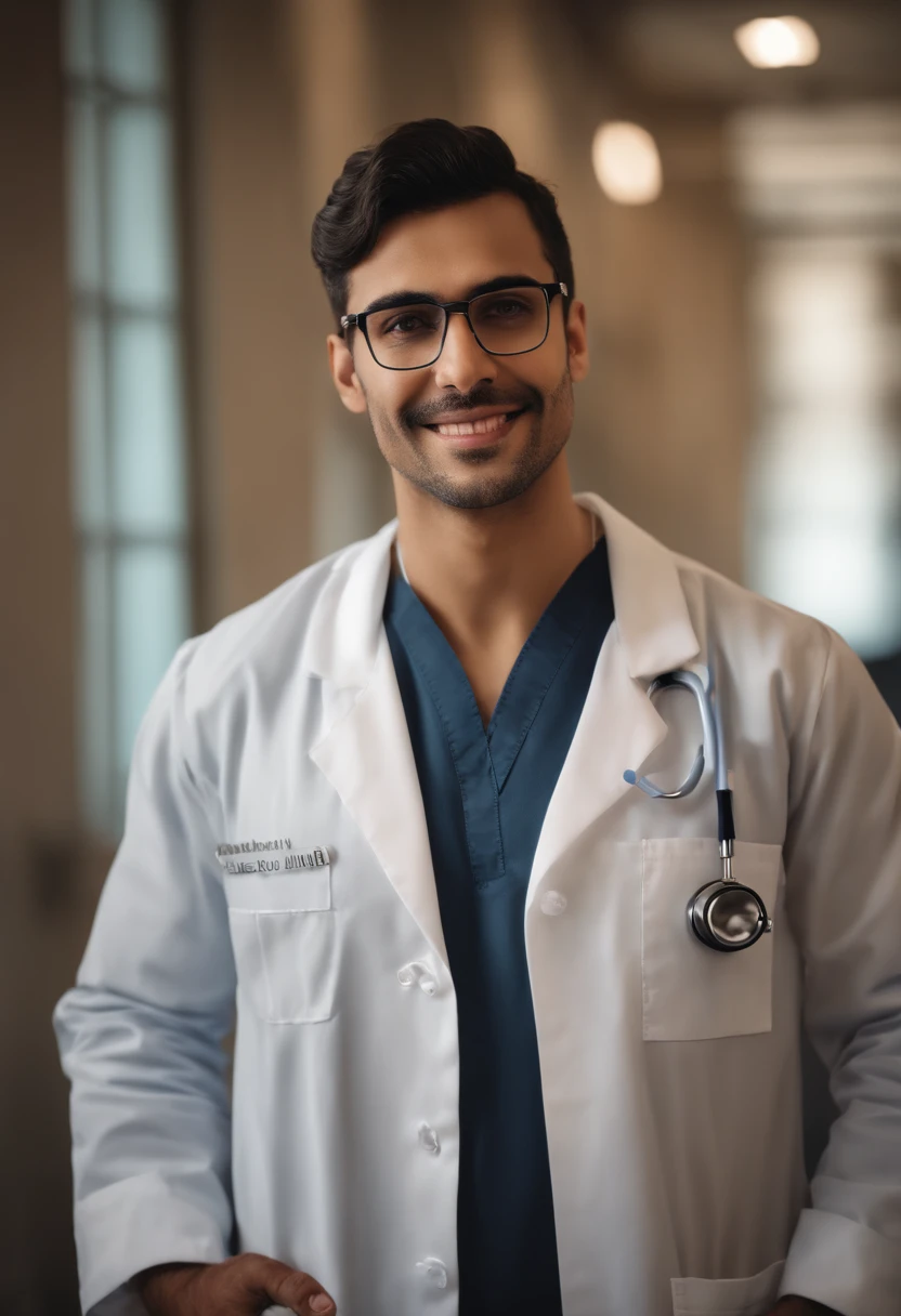 Arafed macho em um jaleco sorrindo para uma foto, medic, medic, vestindo jaleco, wearing lab coat and glasses, Mohamed Chahin, Male physician, jaleco e camiseta, com jaleco, vestindo um jaleco branco, usando jaleco, usando jaleco, (medic), Emad Mostaque
