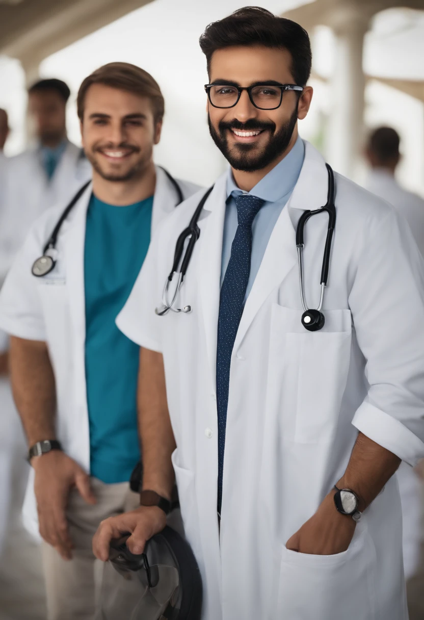 Arafed macho em um jaleco sorrindo para uma foto, medic, medic, vestindo jaleco, wearing lab coat and glasses, Mohamed Chahin, Male physician, jaleco e camiseta, com jaleco, vestindo um jaleco branco, usando jaleco, usando jaleco, (medic), Emad Mostaque