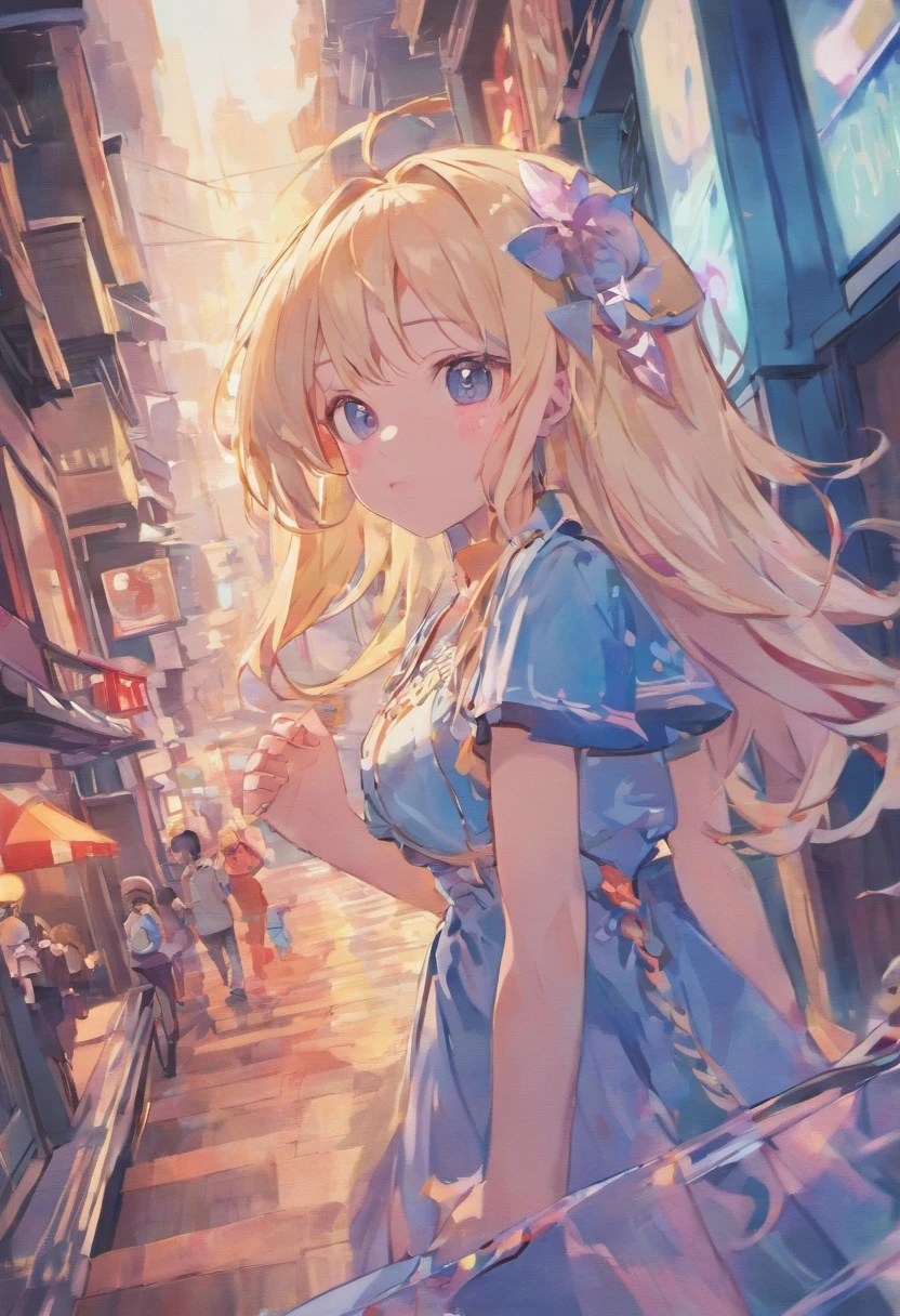 Vtuber,mignonne,douce,jeune fille,long wavy hair with all blue color,gentille,souriante,levres pulpeuse et rose,petite poitrine,White top with a mini detacher,collier en or,joue qui rougissent un peu,anime,digital