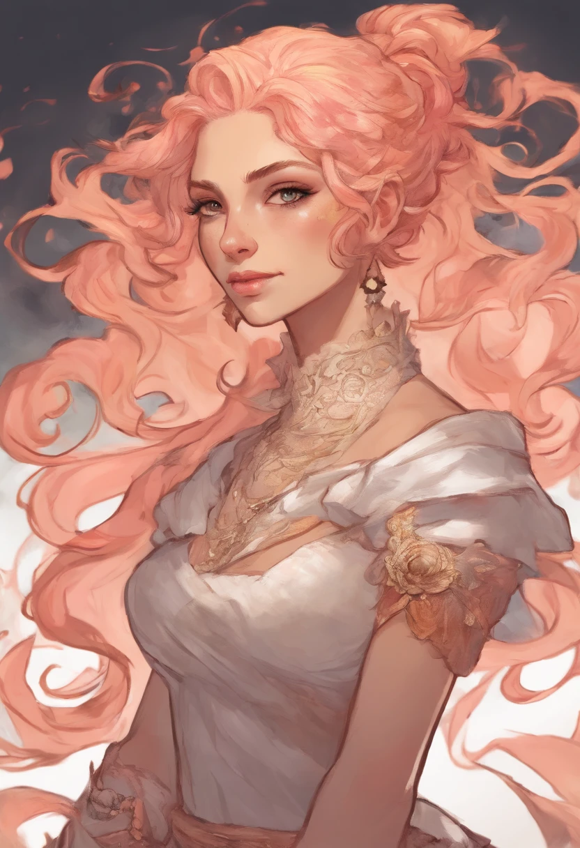 "Uma mulher branca ,peach-colored shaved hair, olhos negros,camiseta cinza velha da banda pintando os cabelos
