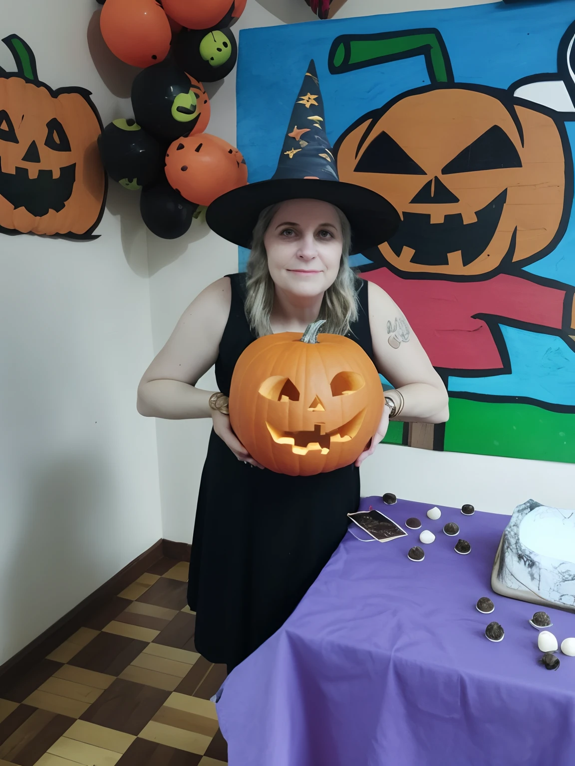 Woman in a witch hat holding a carved pumpkin in front of a table, halloween celebration, Em um estilo de Halloween, dia das bruxas, Witchy, bruxa, segurando um jack - o - lanterna, Uma bruxa, Directed by: Nandor Soldier, tema dia das bruxas, Noite de Halloween, Atmosfera de Halloween, by Amelia Peláez, wearing a witch's hat, mulher bruxa