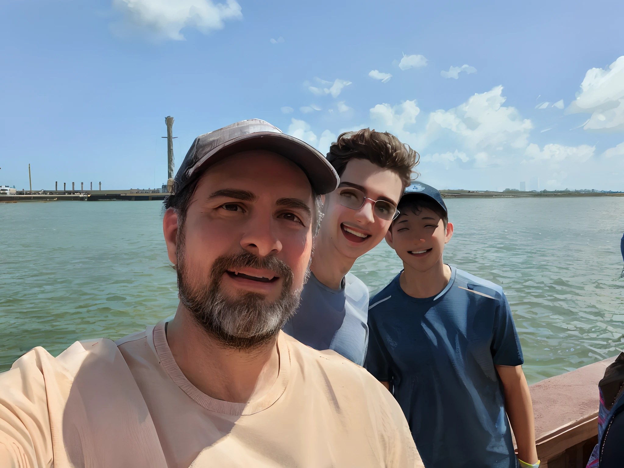 There are three people standing in a boat in the water, vacation photo, standing near the beach, standing next to water, taken in the early 2020s, divertindo-se, imagem do avatar, on the ocean water, em uma ponte, muito bobo olhando, Directed by: Carey Morris, tirado no iphone 1 3 pro, standing on a ship deck