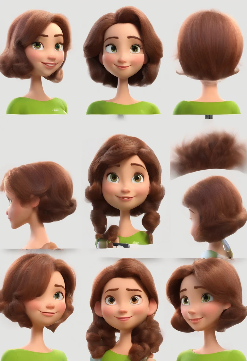 Estilo Pixar: cabelo loiro, luxuoso, ondulado, olhos castanhos, com um loiro, cabelos enrolados, olhos verdes