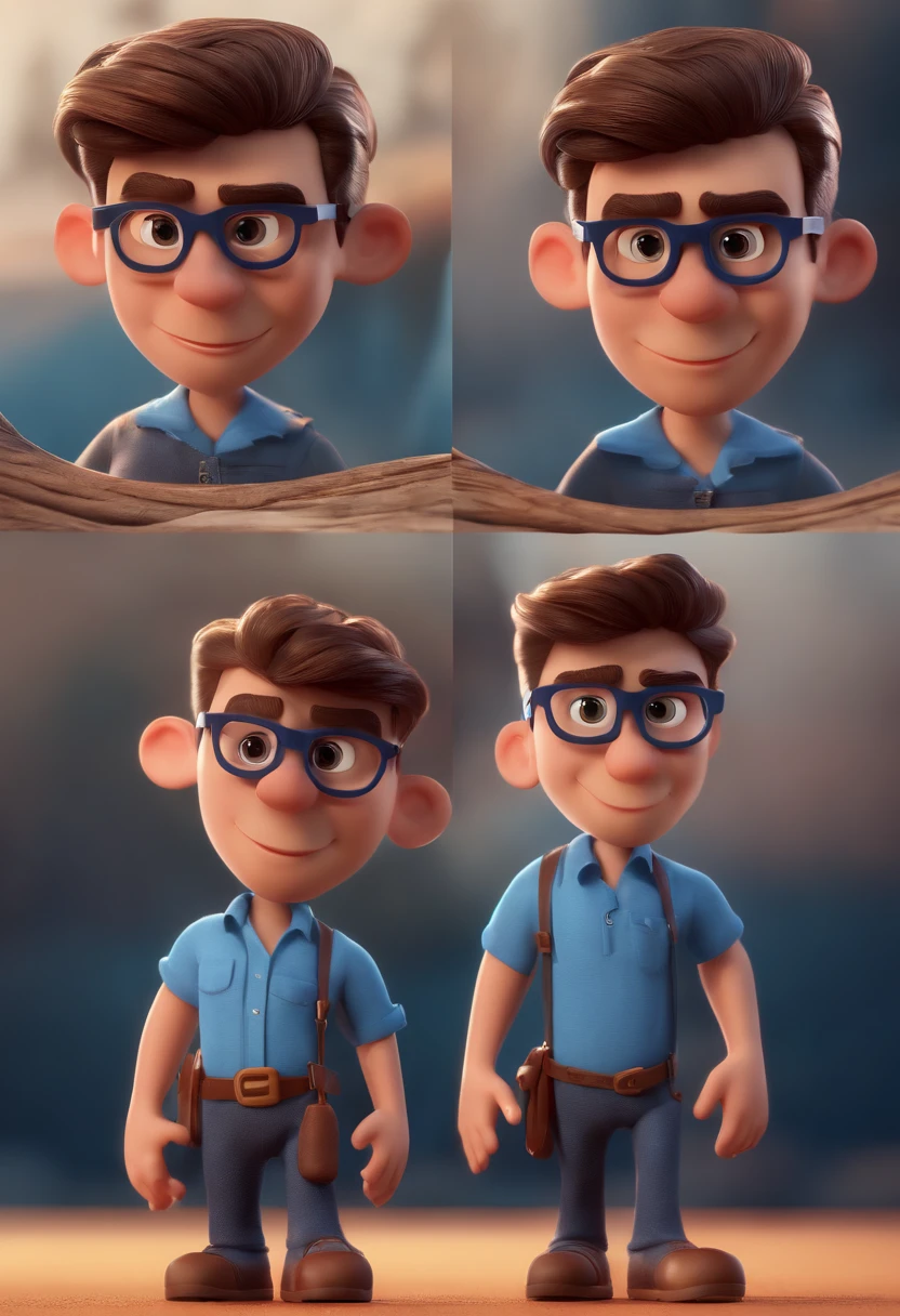 Cartoon character of a man with black glasses and a blue shirt, animation character, Caractere estilizado, animation style rendering, 3D estilizado, Arnold Maya render, 3 d render stylized, toon render keyshot, Personagem 3D, Personagem 3D, 3d rendering stylized, 3 d character render, personagem de desenho animado, Personagem de close up, Pose de personagem, (Estilo Pixar) (master part:1.2) (Bokeh) (best quality) (pele detalhada) (textura detalhada) (8k) (argila) (Cinematic lighting) (foco nítido